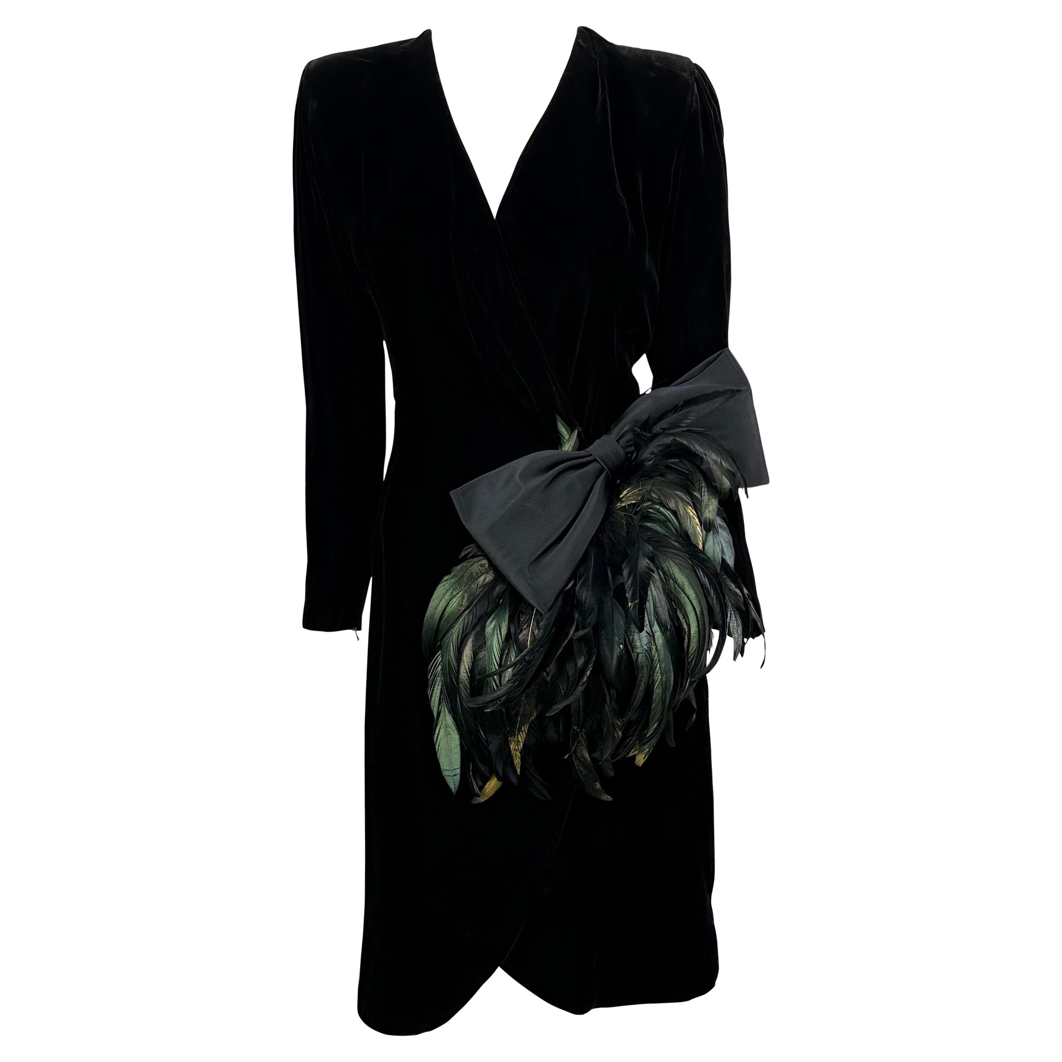 1980s Givenchy Plunging Black Velvet Feather Bow Wrap-Style Cocktail Dress