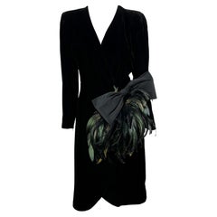 Vintage 1980s Givenchy Plunging Black Velvet Feather Bow Wrap-Style Cocktail Dress