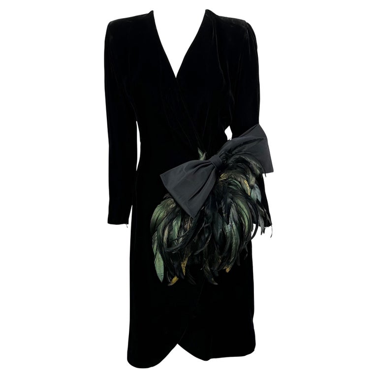 1980s Givenchy Plunging Black Velvet Feather Bow Wrap-Style Cocktail Dress For Sale at 1stDibs 1980s Givenchy Plunging Black Velvet Feather Bow Wrap-Style Cocktail Dress For Sale at 1stDibs