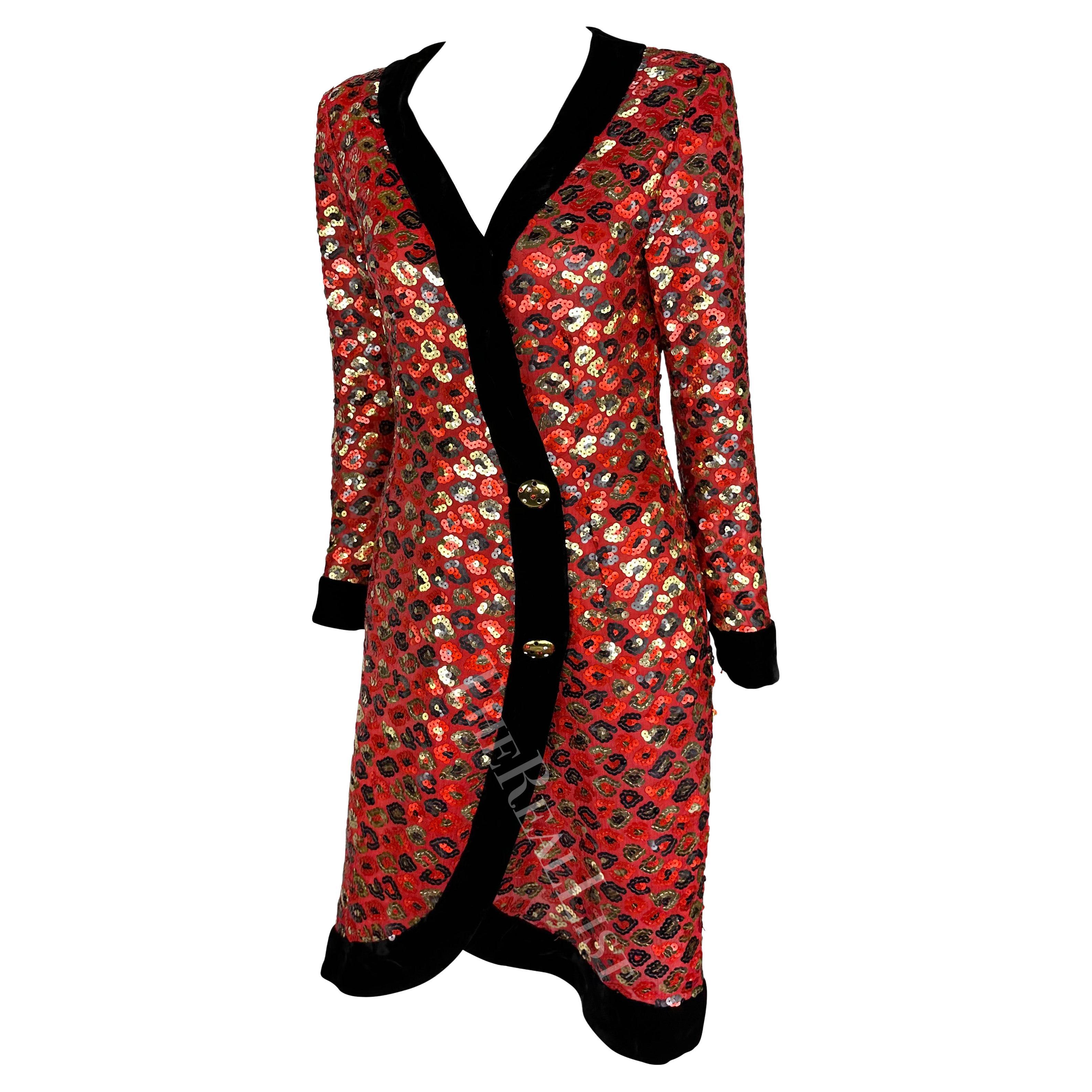 1980s Givenchy Red Sequin Cheetah Pattern Velvet Trim Wrap Dress In Good Condition For Sale In West Hollywood, CA