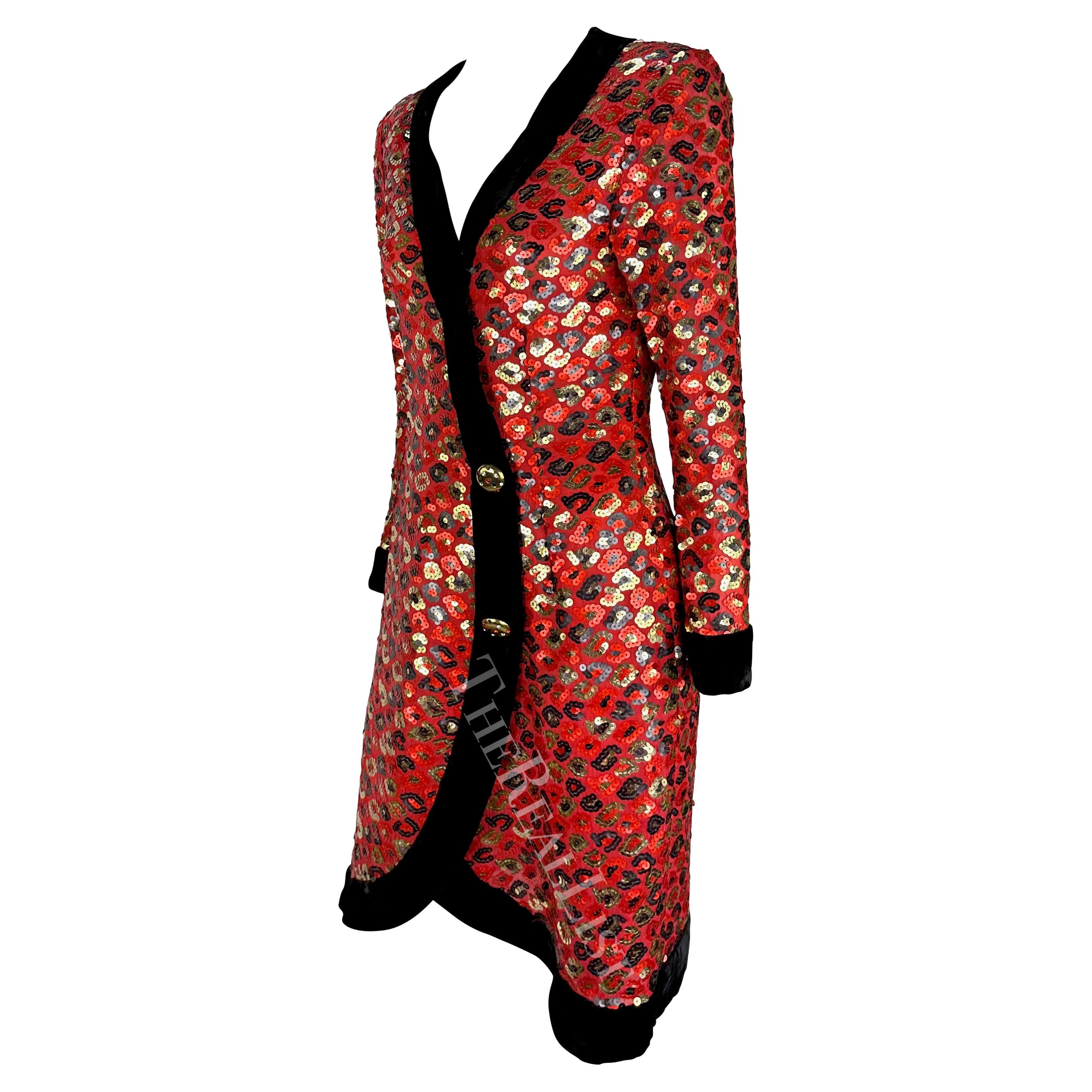 Women's 1980s Givenchy Red Sequin Cheetah Pattern Velvet Trim Wrap Dress For Sale