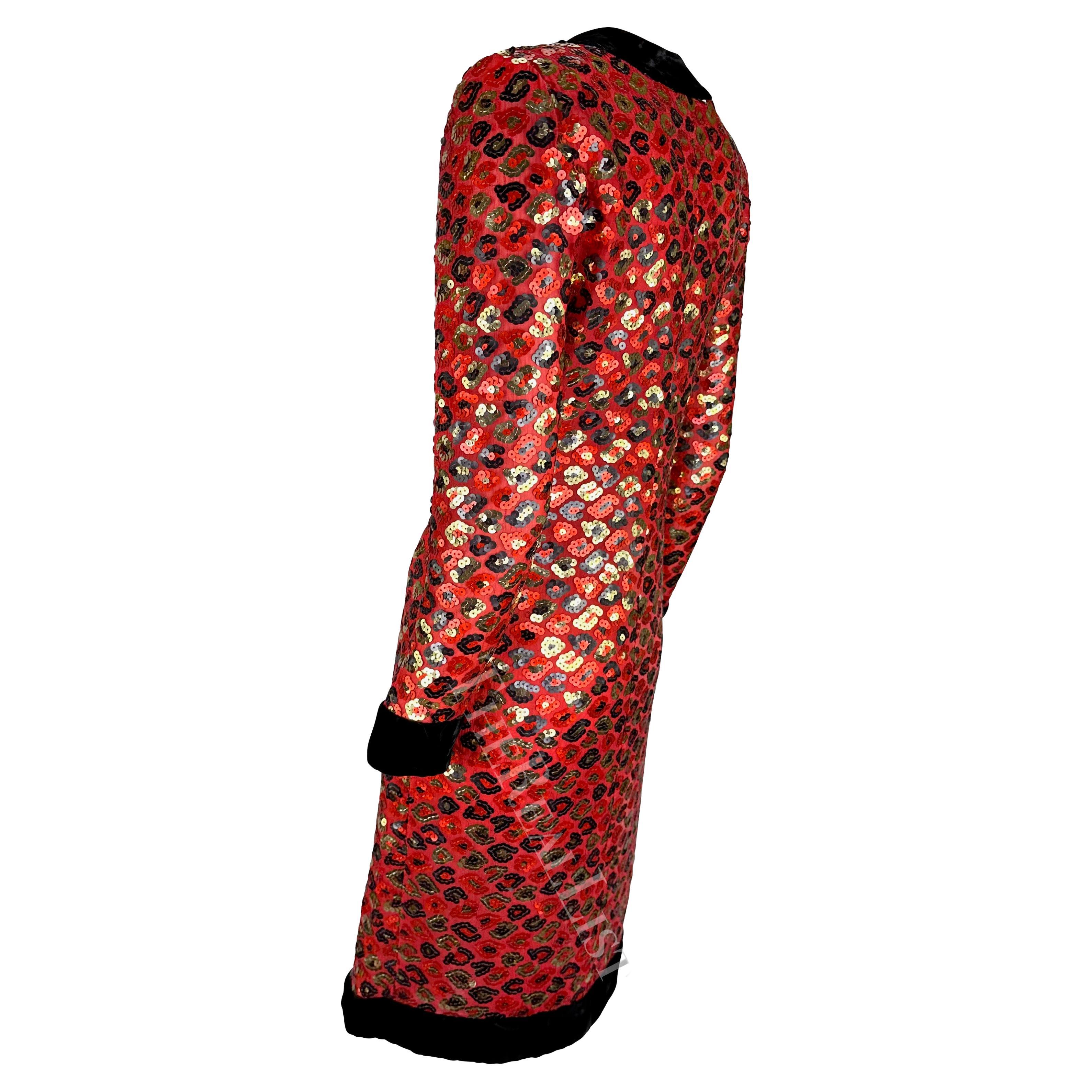 1980s Givenchy Red Sequin Cheetah Pattern Velvet Trim Wrap Dress For Sale 2