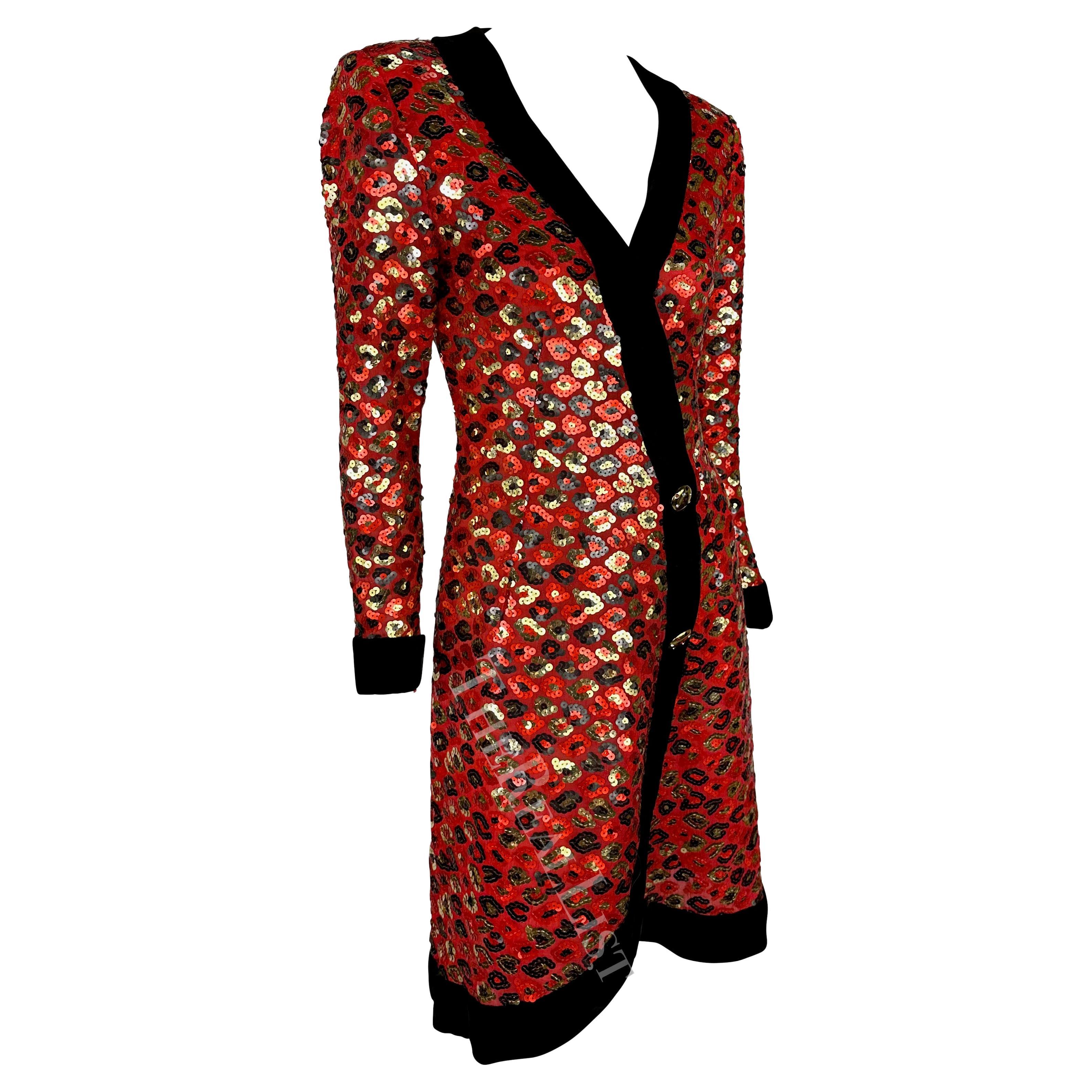 1980s Givenchy Red Sequin Cheetah Pattern Velvet Trim Wrap Dress For Sale 4