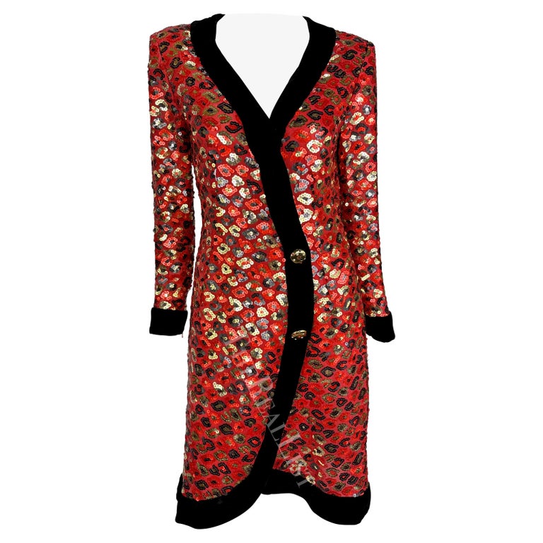 Spectacular Fall 1990 Givenchy Red Silk Organza Button Dress w Sequins & Velvet Trim &