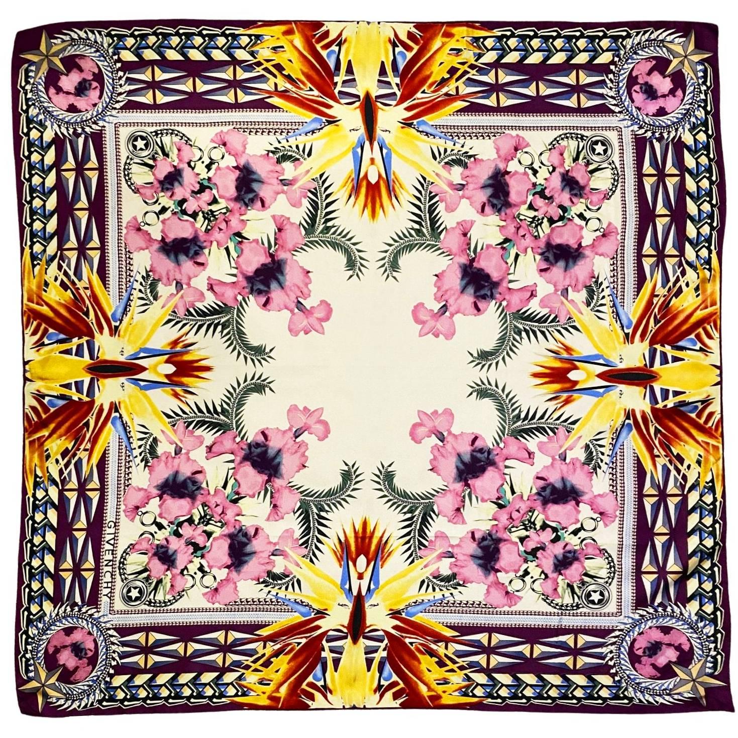 Women's or Men's 1980s Givenchy Silk Flower Geometric Multicolor Babushka Scarf 