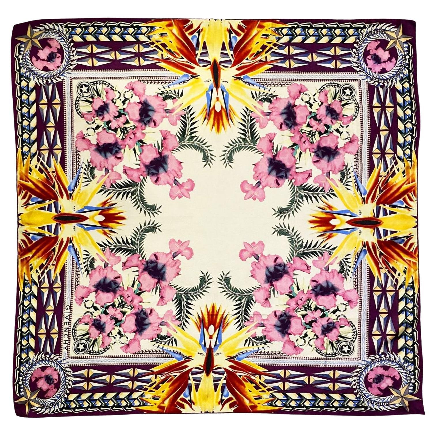 1980s Givenchy Silk Flower Geometric Multicolor Babushka Scarf 