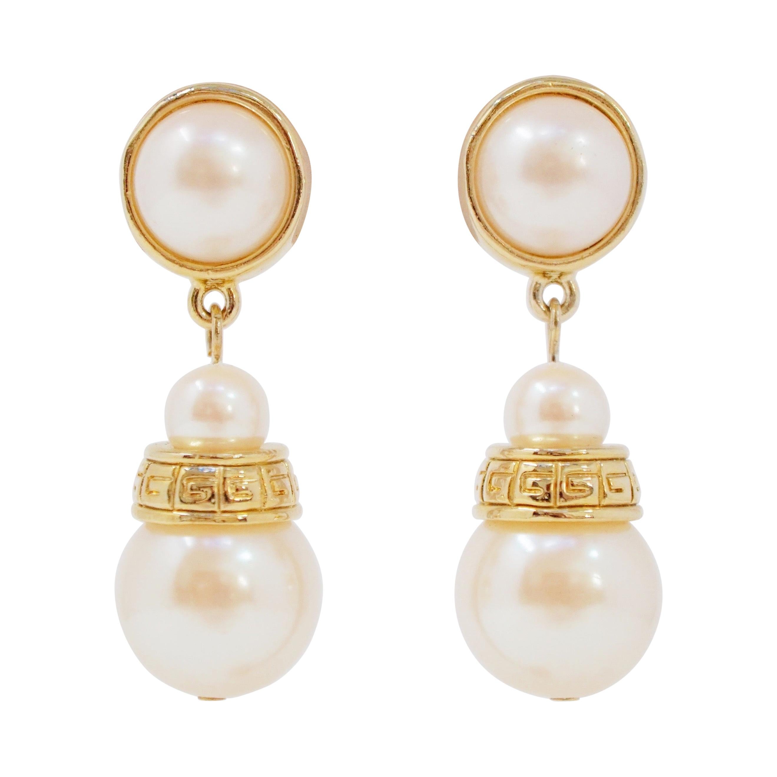 1980
s Givenchy Triple Faux Pearl and Greek Keys Statement Earrings, Signed