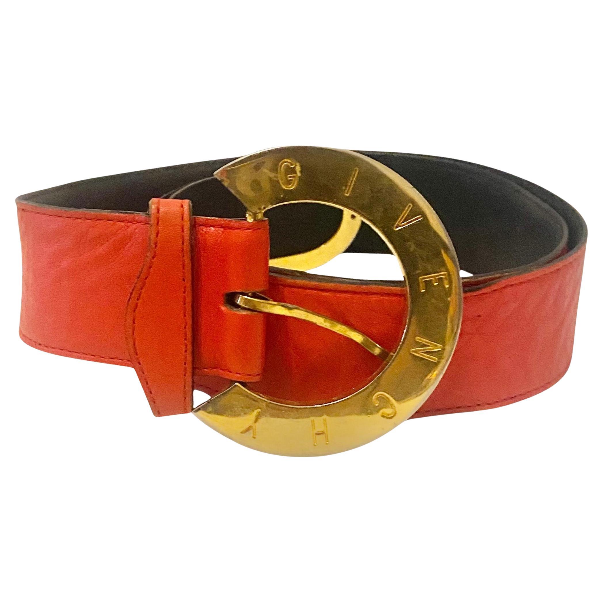 1980s Givenchy Vintage Red Soft Leather Belt with Gold Engraved Logo Buckle