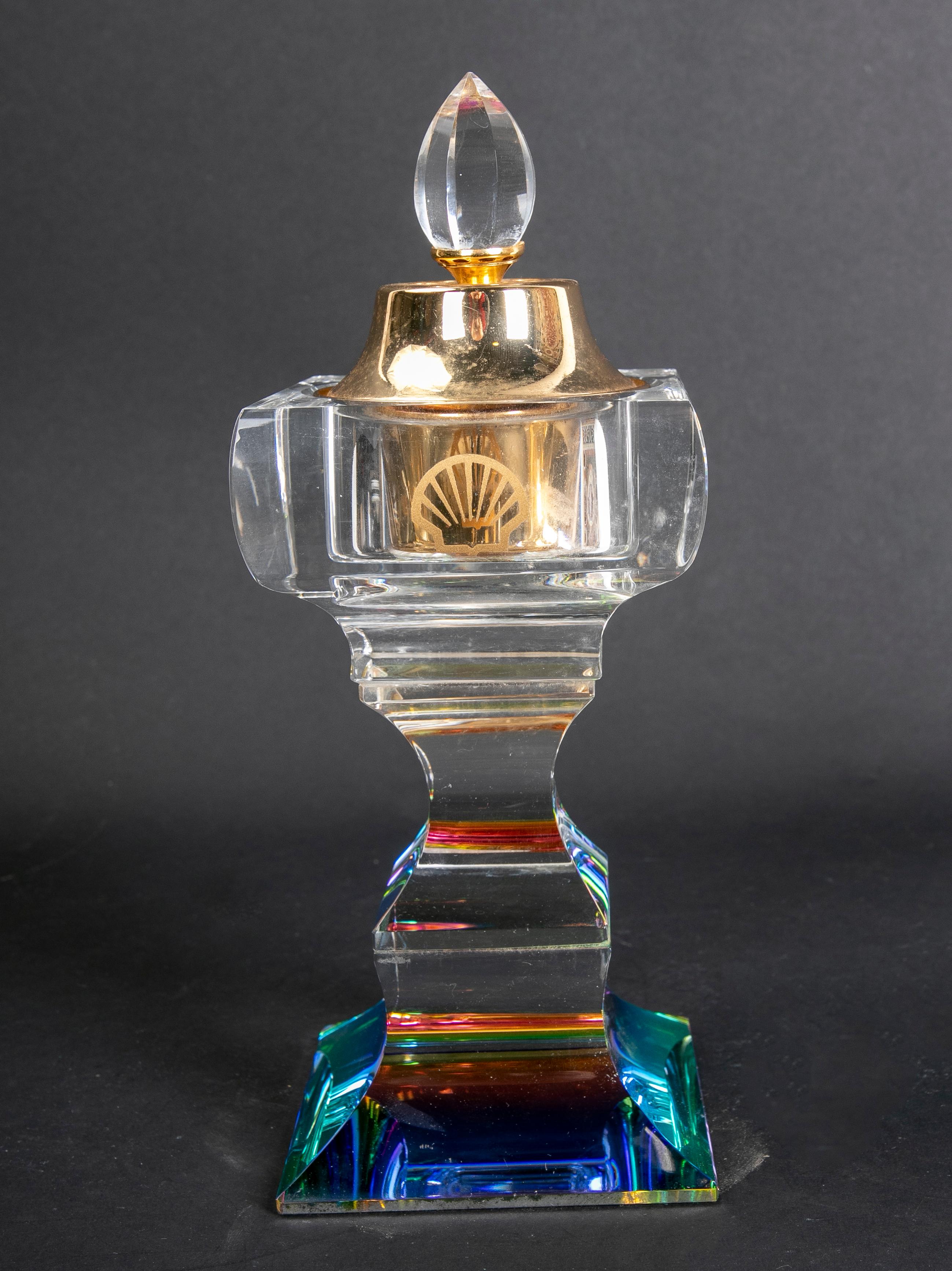 Kerzenhalter aus Glas aus den 1980er Jahren mit Metallplatte.
