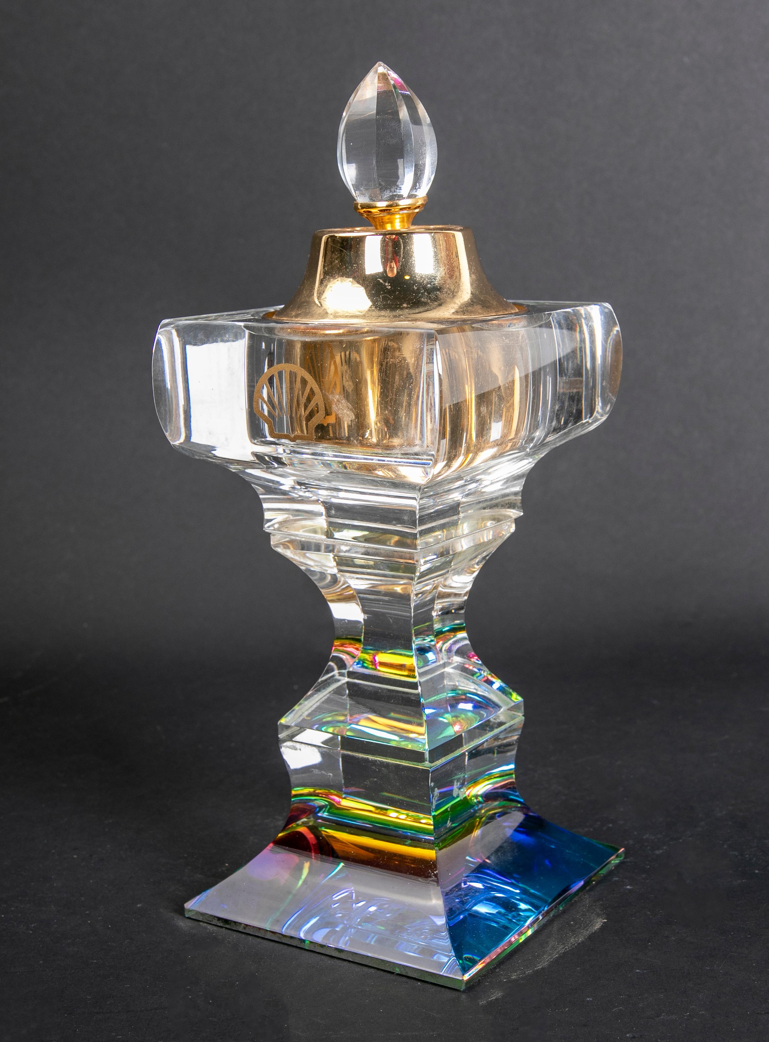 European 1980s Glass Candleholder with Metal Top  For Sale