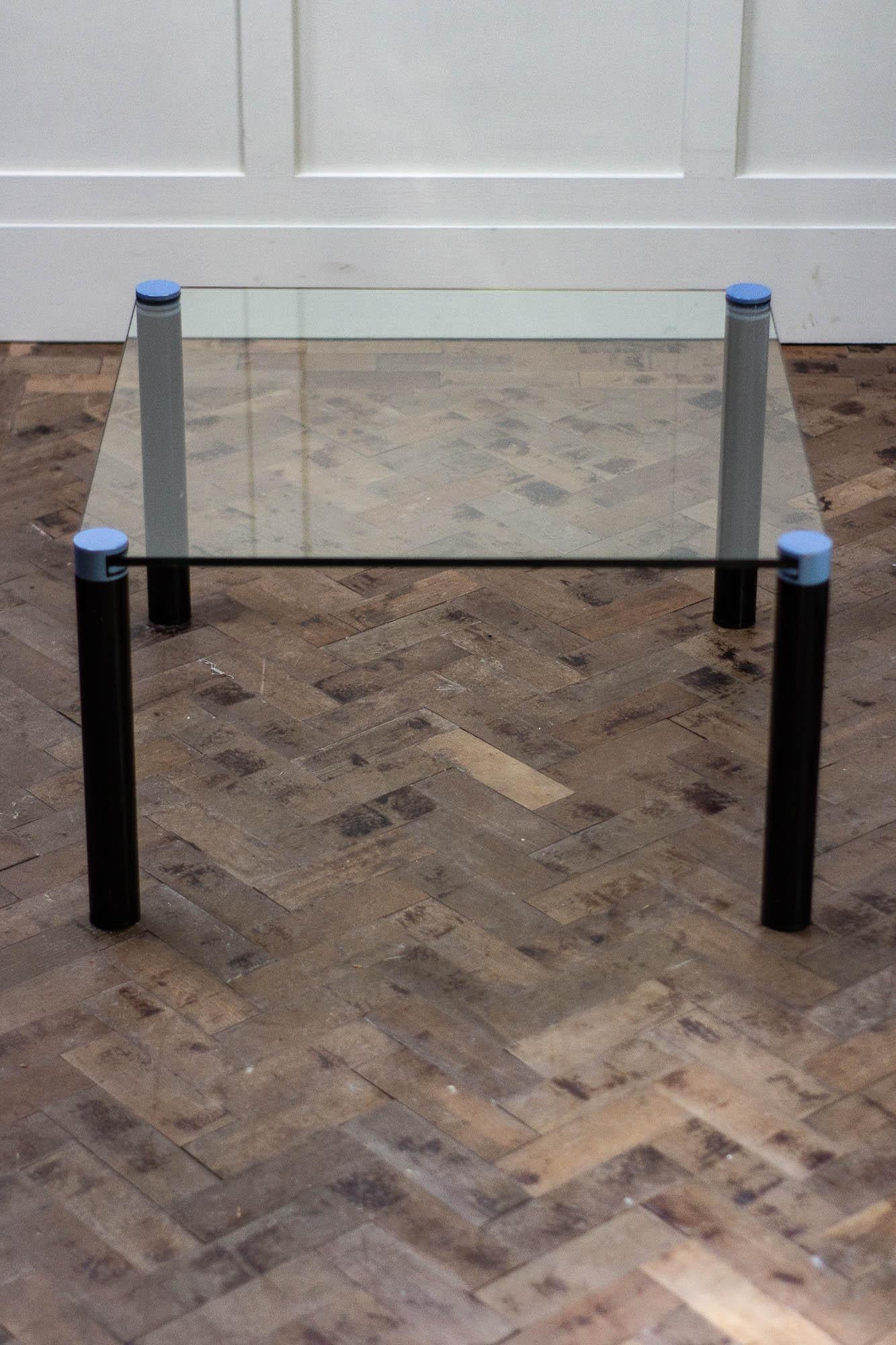 Mid-Century Modern 1980s Glass Coffee Table with Metal Legs. 