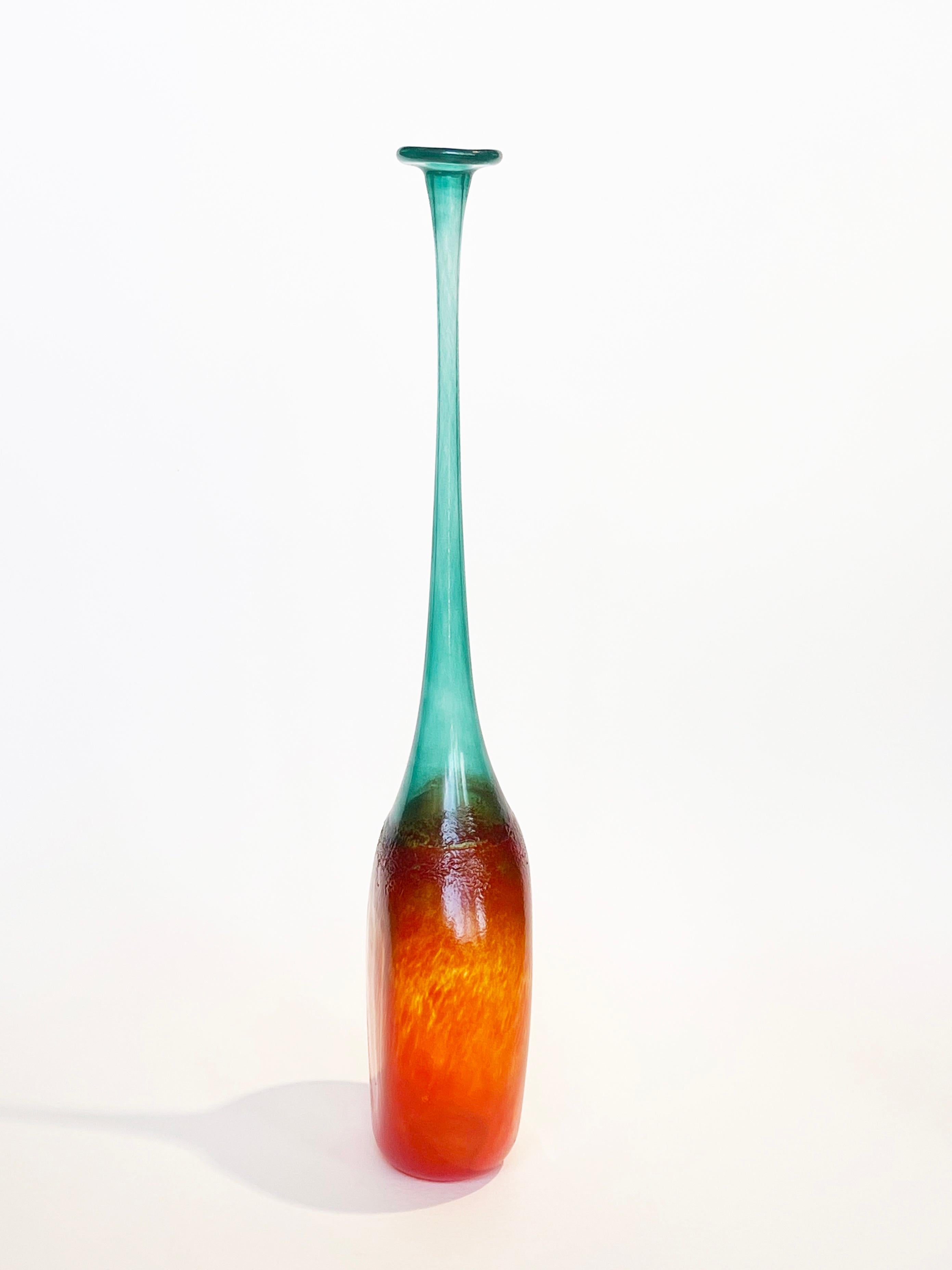 Mid-Century Modern 1980s Glass Vase Murano Vibe Turquoise Orange by or after Bertil Vallien, Sweden For Sale