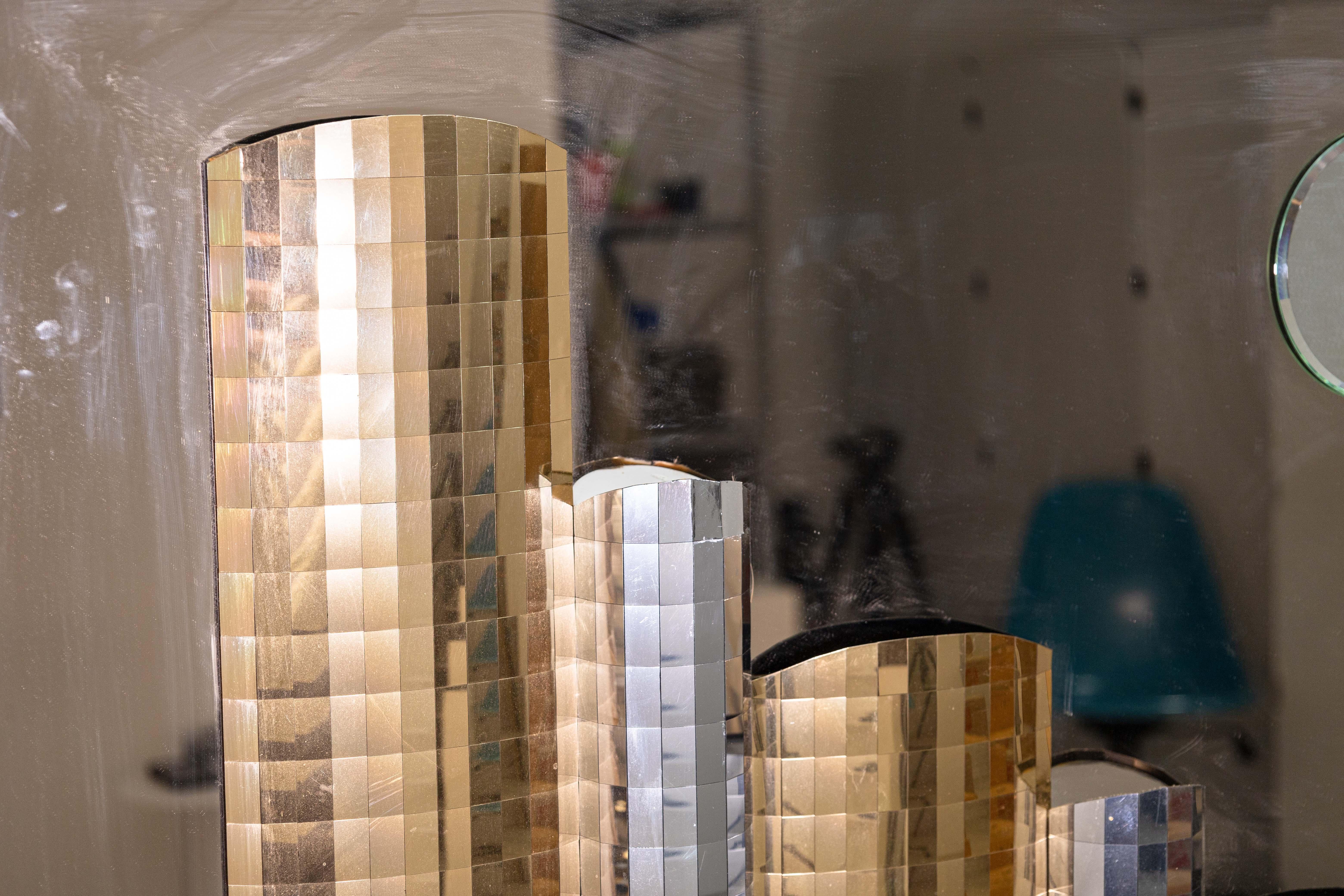 Unknown 1980s Gold and Silver Acrylic Cityscape Skyline Glass Mirror Wall Sculpture For Sale
