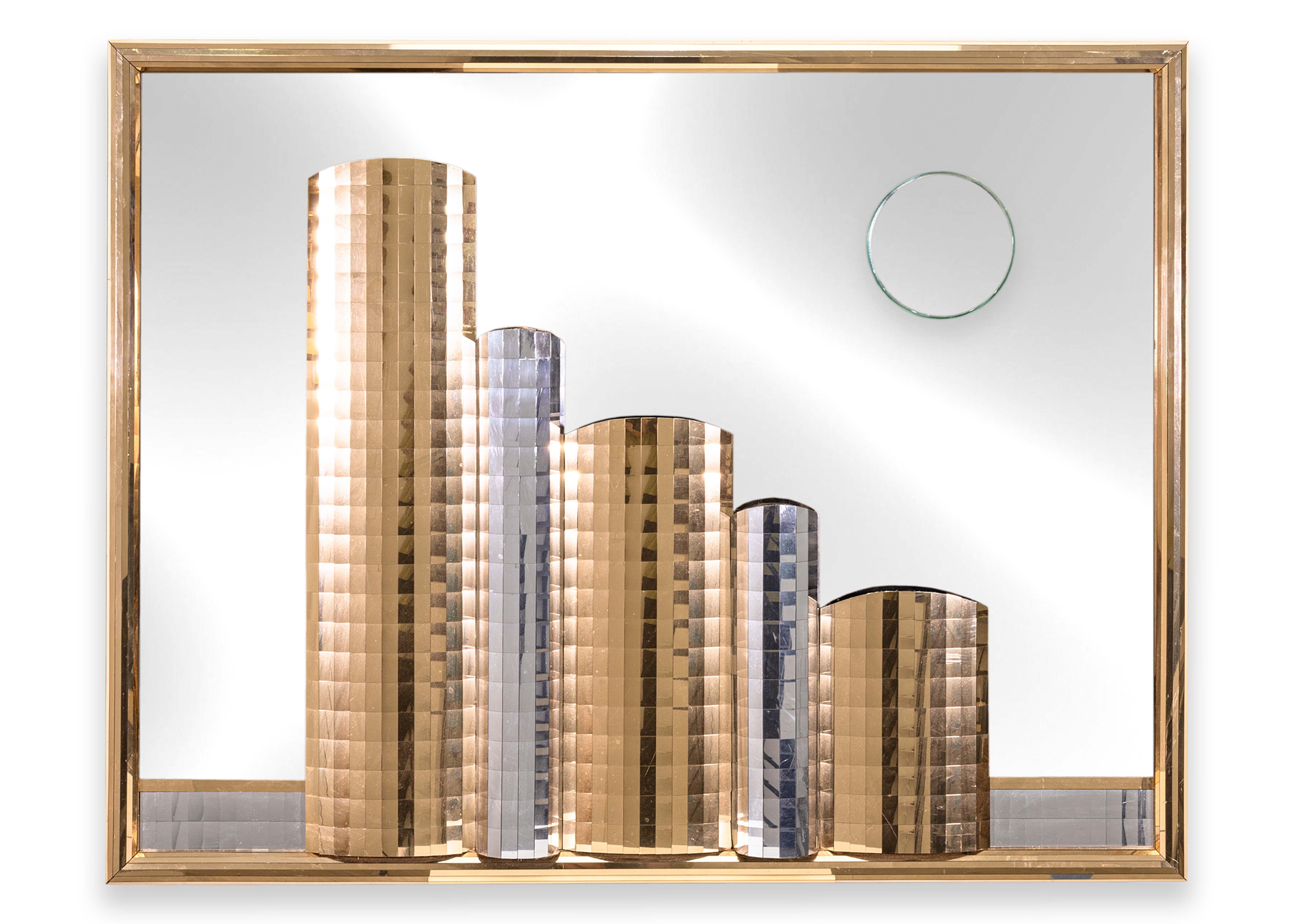 1980s Gold and Silver Acrylic Cityscape Skyline Glass Mirror Wall Sculpture For Sale 4