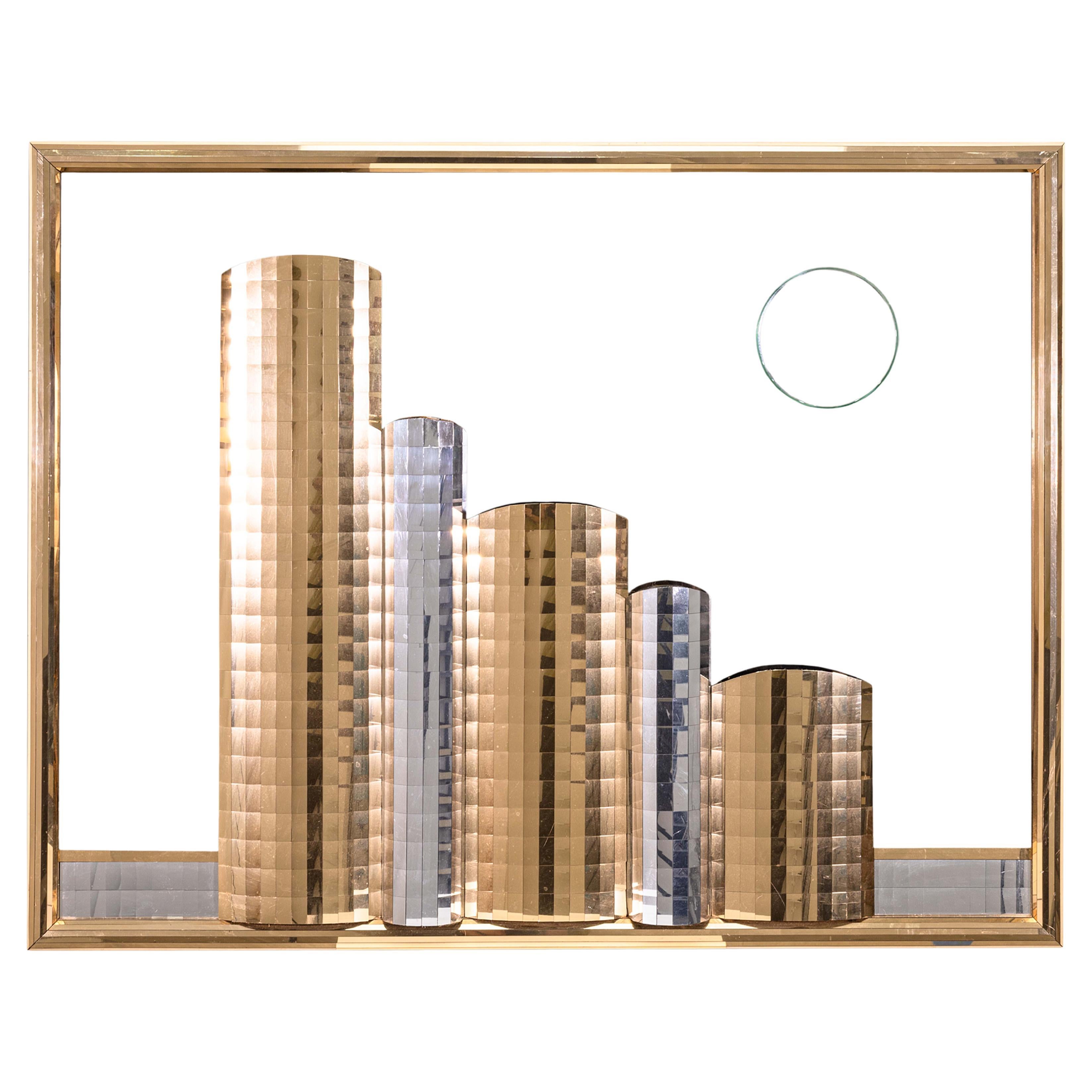 1980s Gold and Silver Acrylic Cityscape Skyline Glass Mirror Wall Sculpture For Sale