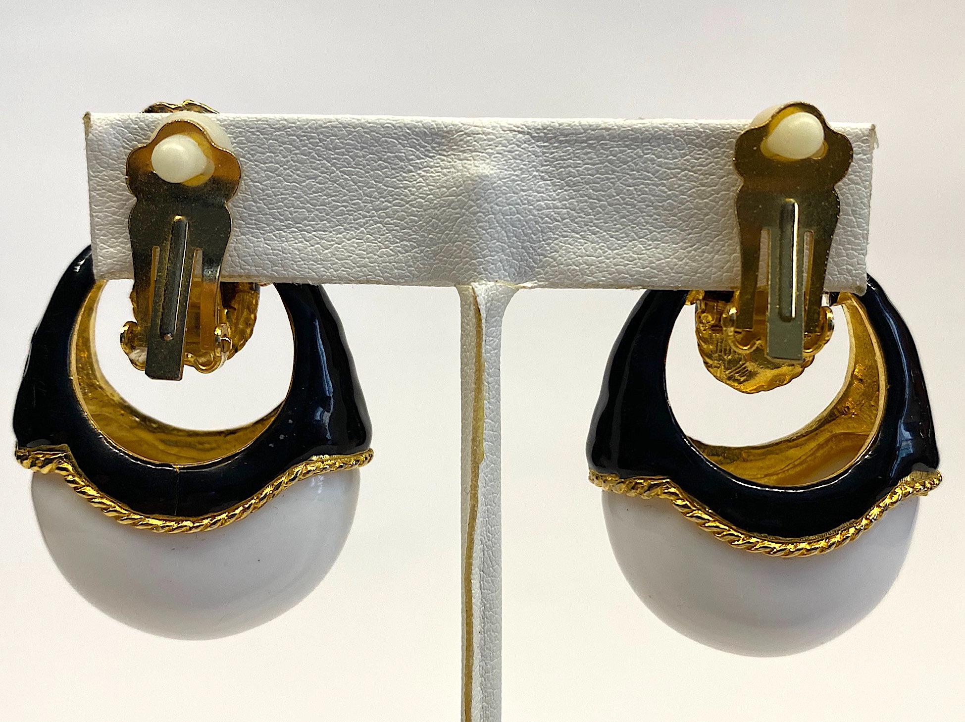 1980s Gold, Black Enamel and White Cabochon Pendant Earrings 7