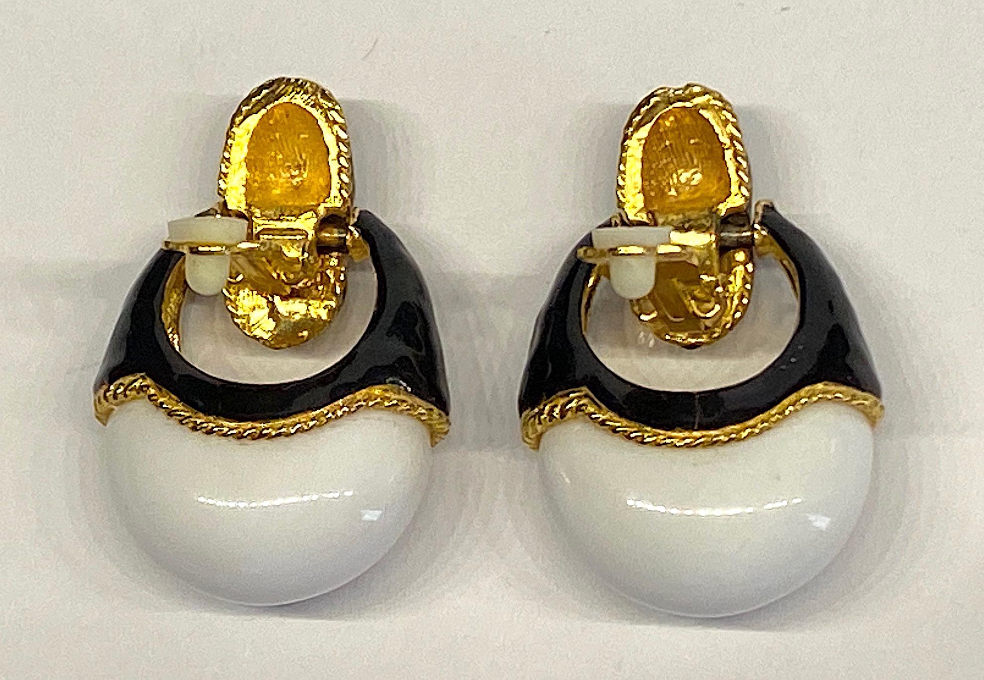 1980s Gold, Black Enamel and White Cabochon Pendant Earrings 3