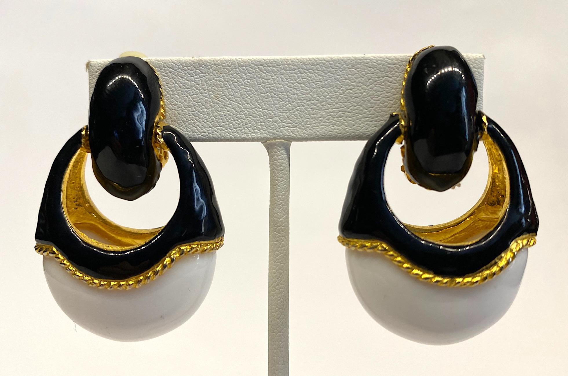 1980s Gold, Black Enamel and White Cabochon Pendant Earrings 5