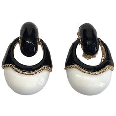 1980s Gold, Black Enamel and White Cabochon Pendant Earrings