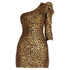 1980S Gold 
Black Polyester Blend Knit Leopard Print One Sleeve Fitted Cocktai
