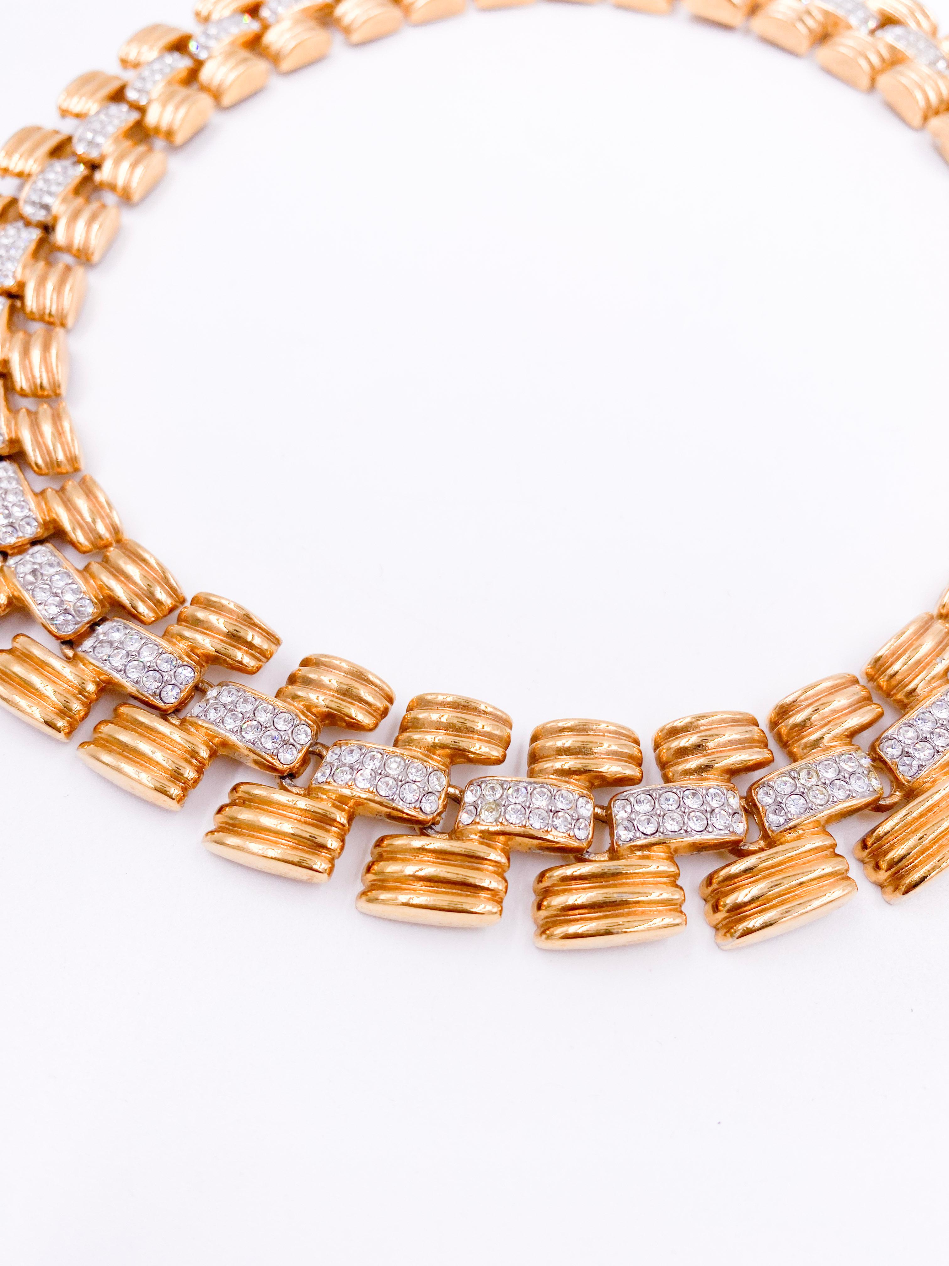 1980s Gold Chain Necklace with Rhinestone Center Chain In Good Condition For Sale In Los Angeles, CA