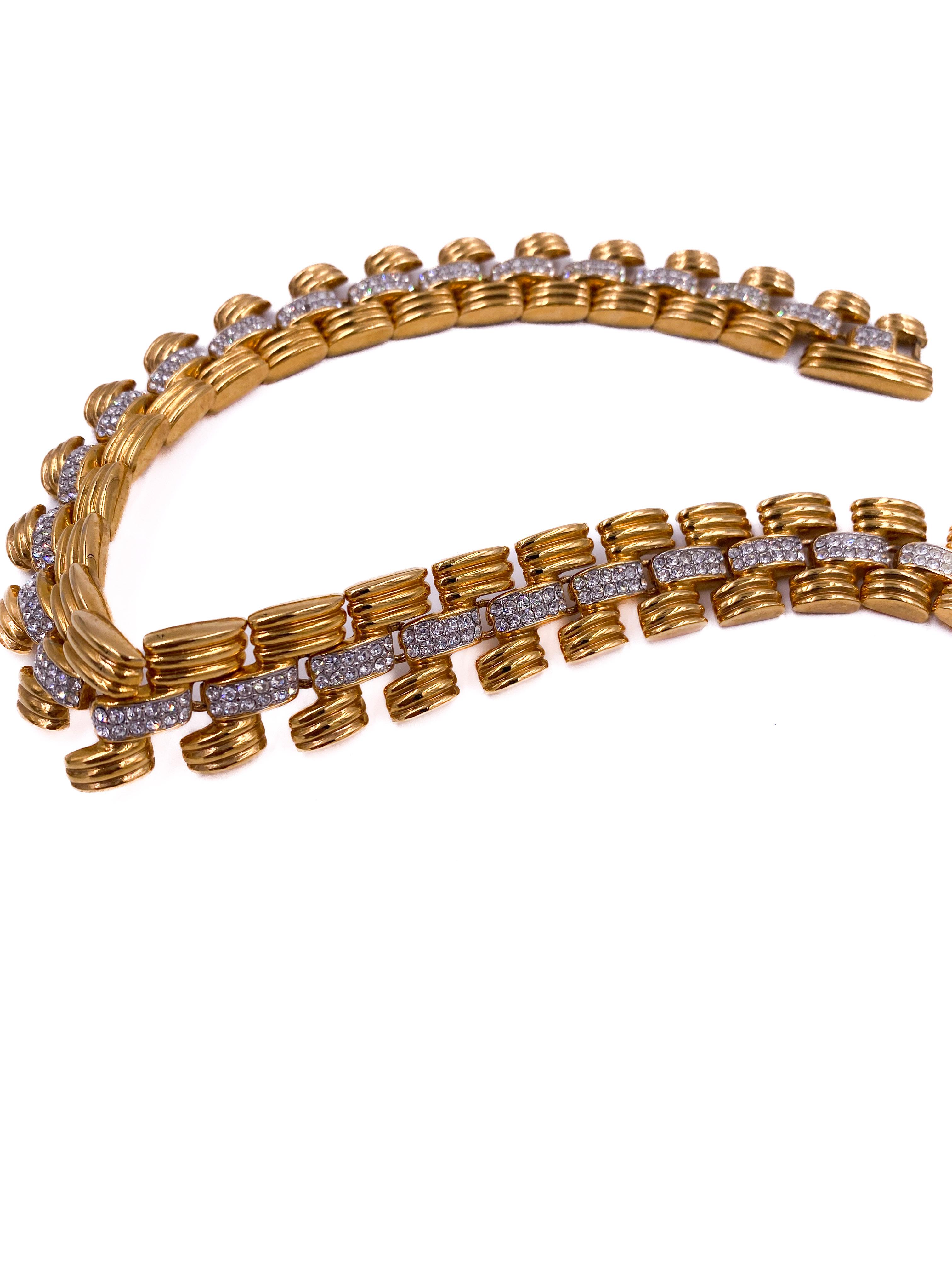 Women's or Men's 1980s Gold Chain Necklace with Rhinestone Center Chain For Sale