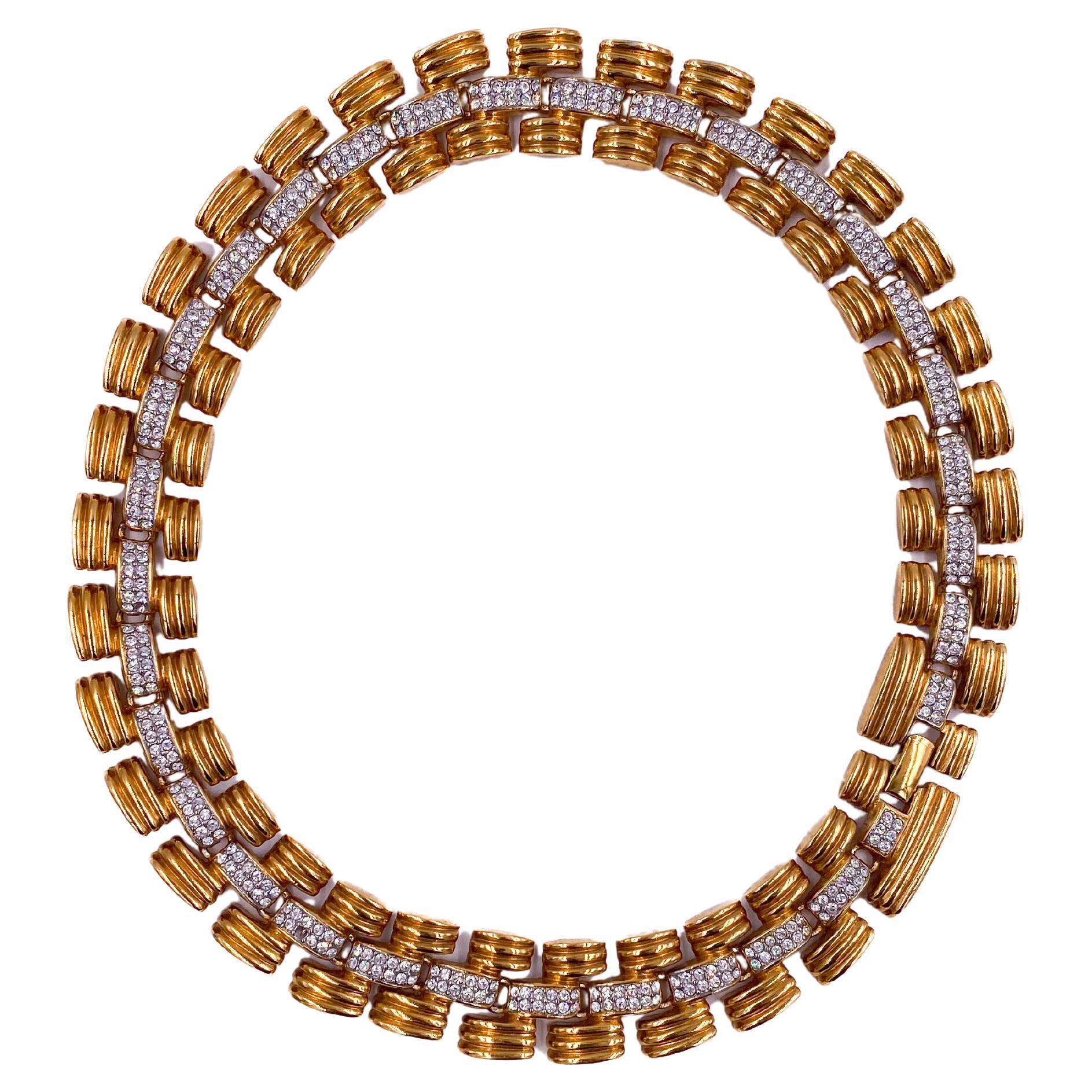 1980s Gold Chain Necklace with Rhinestone Center Chain For Sale