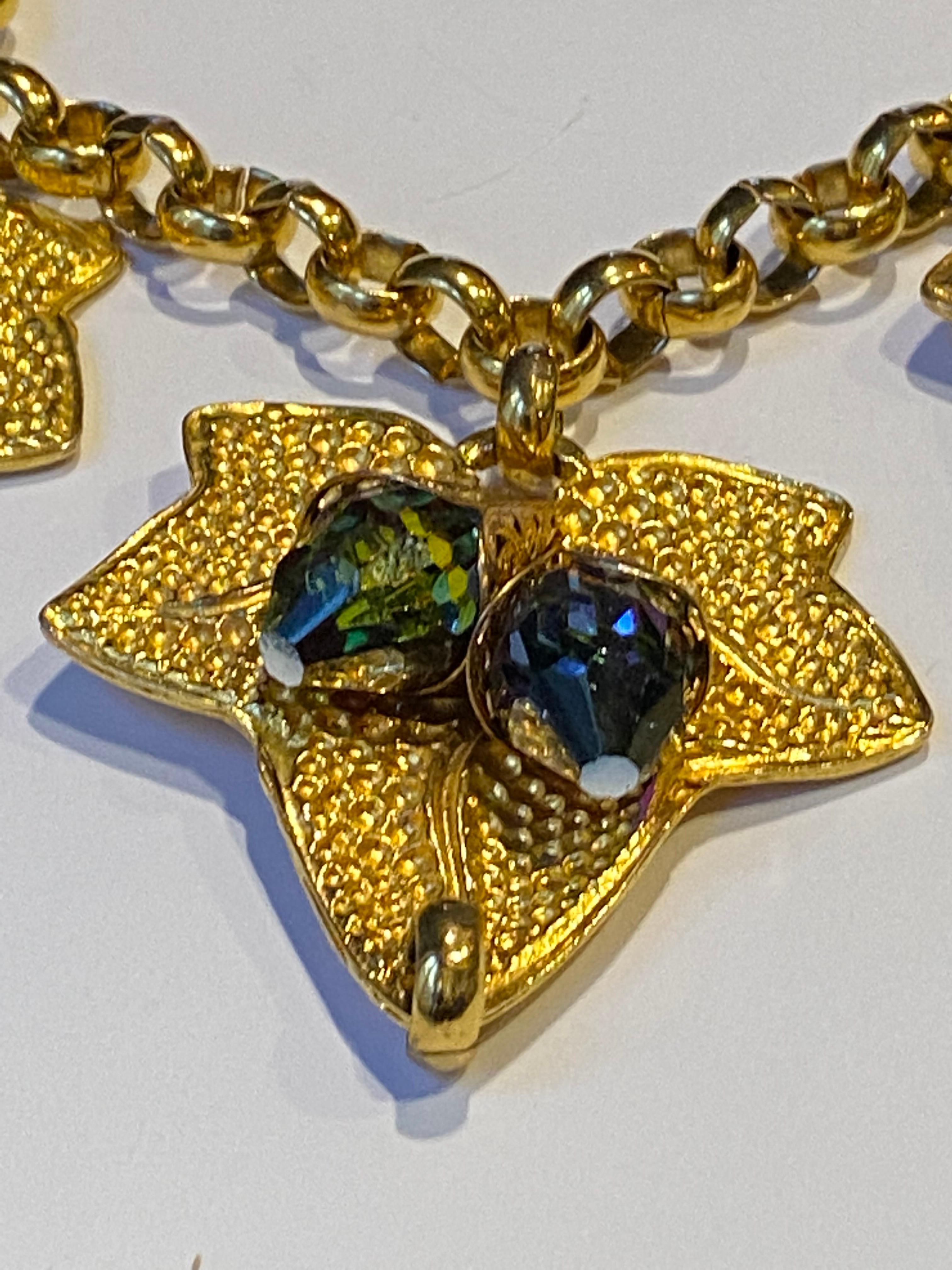1980s Gold & Crystal Ivy Leaf Pendant Statement Necklace For Sale 7