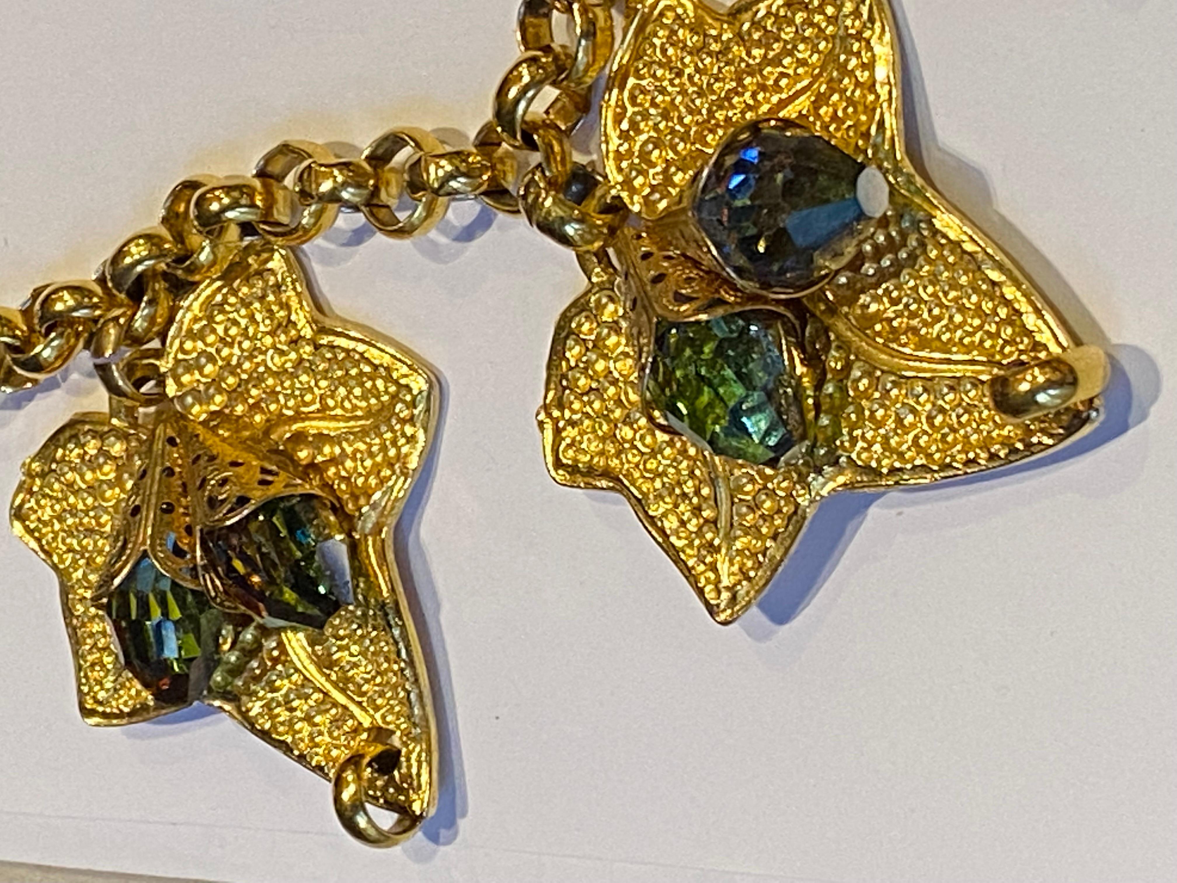 1980s Gold & Crystal Ivy Leaf Pendant Statement Necklace For Sale 8