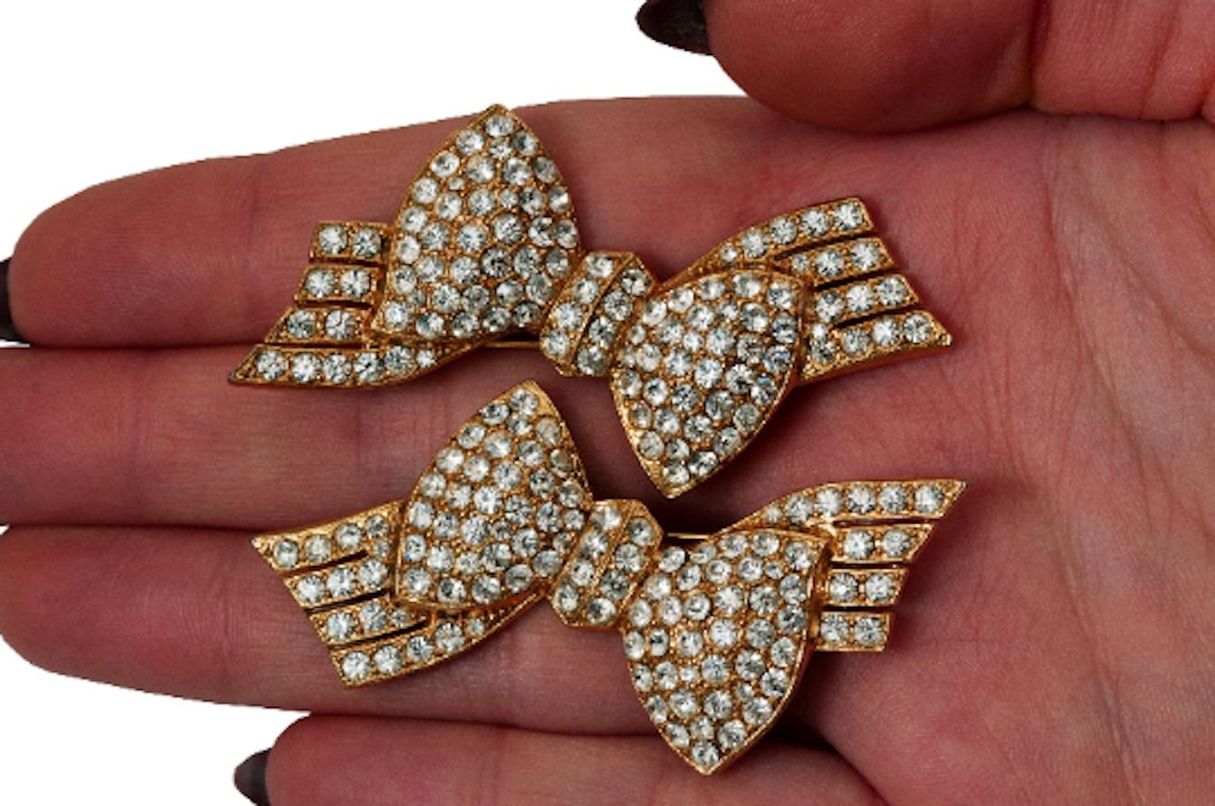 Women's 1980s Gold Diamante Bow Brooch Set of 2 For Sale
