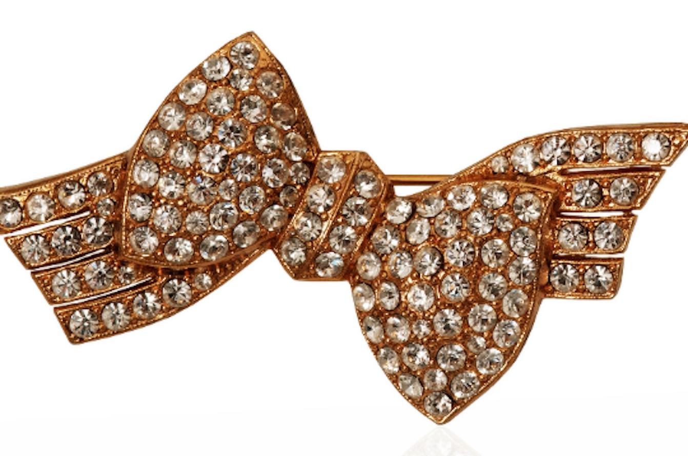 1980s Gold Diamante Bow Brooch Set of 2 For Sale 1