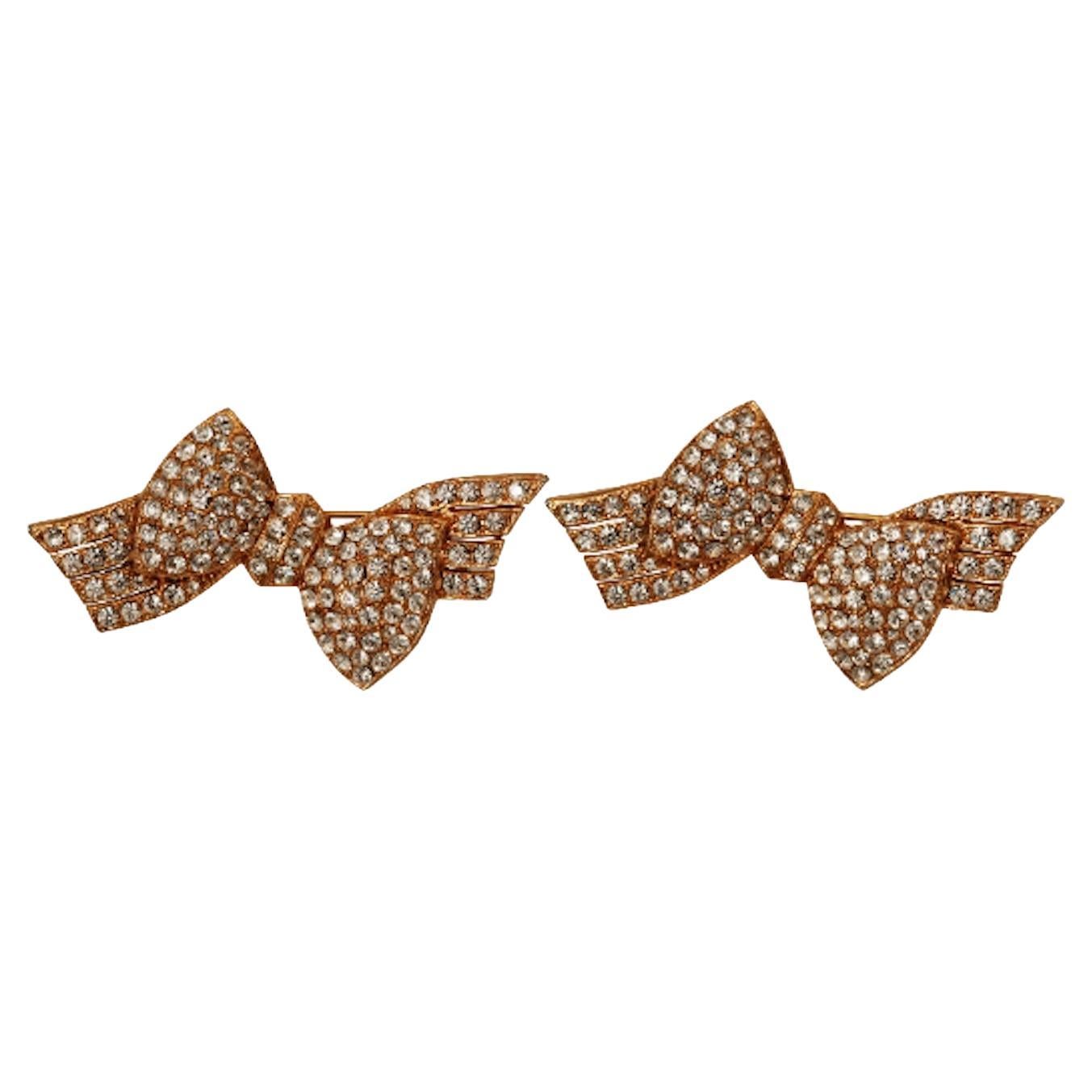 1980s Gold Diamante Bow Brooch Set of 2 For Sale