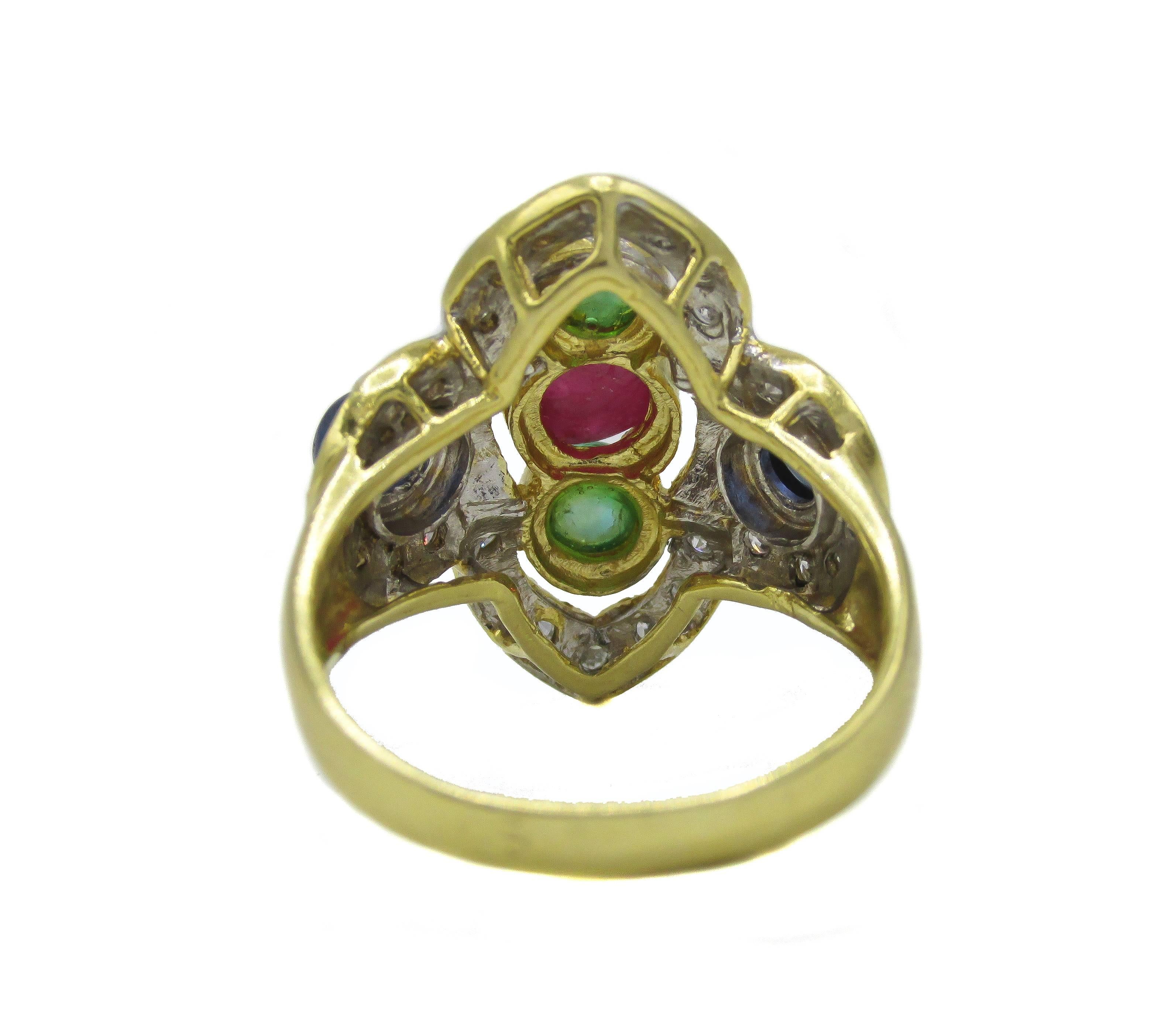 1980s Gold Diamond Ruby Sapphire and Emerald Ring In Excellent Condition In New York, NY