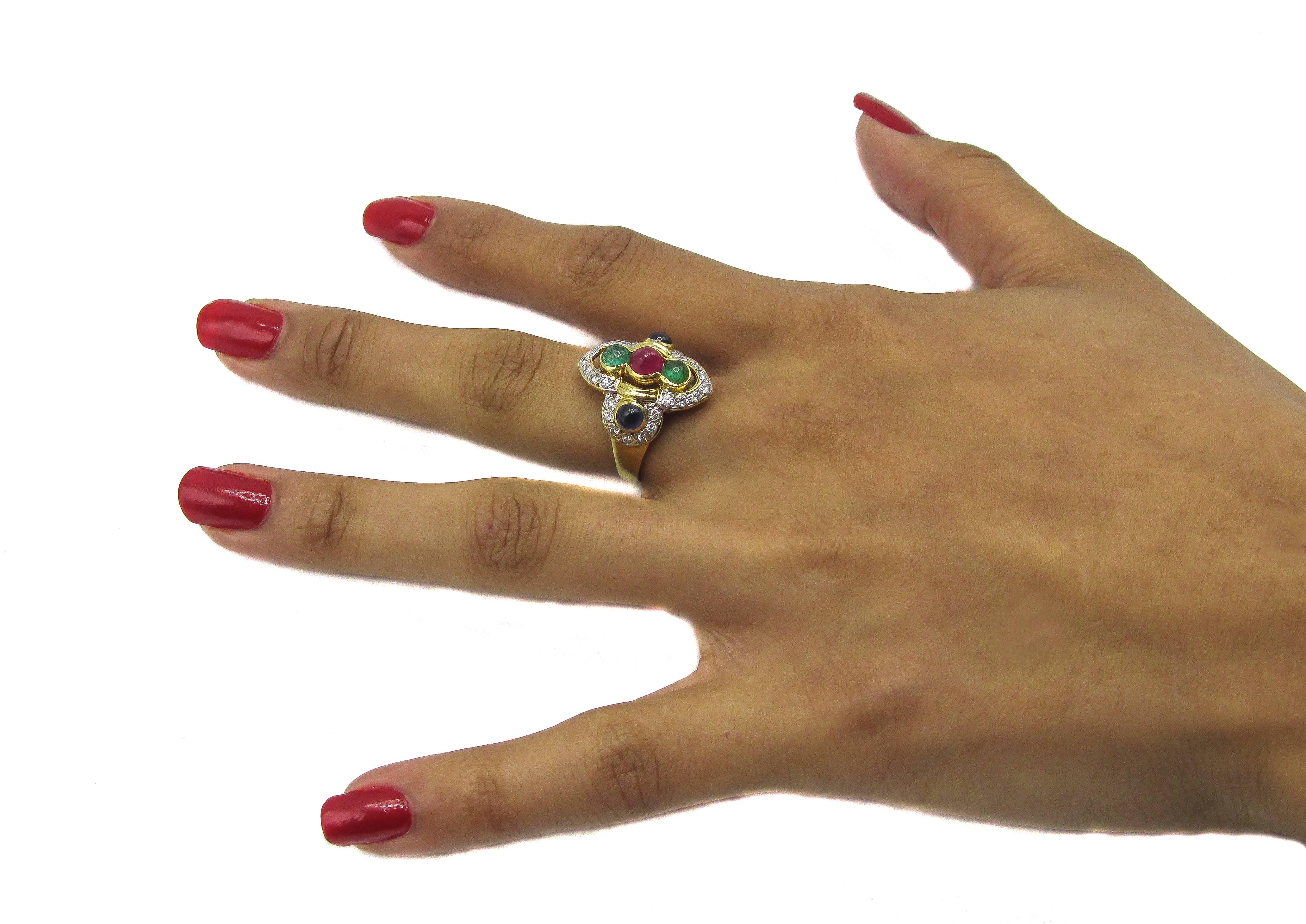 Women's 1980s Gold Diamond Ruby Sapphire and Emerald Ring