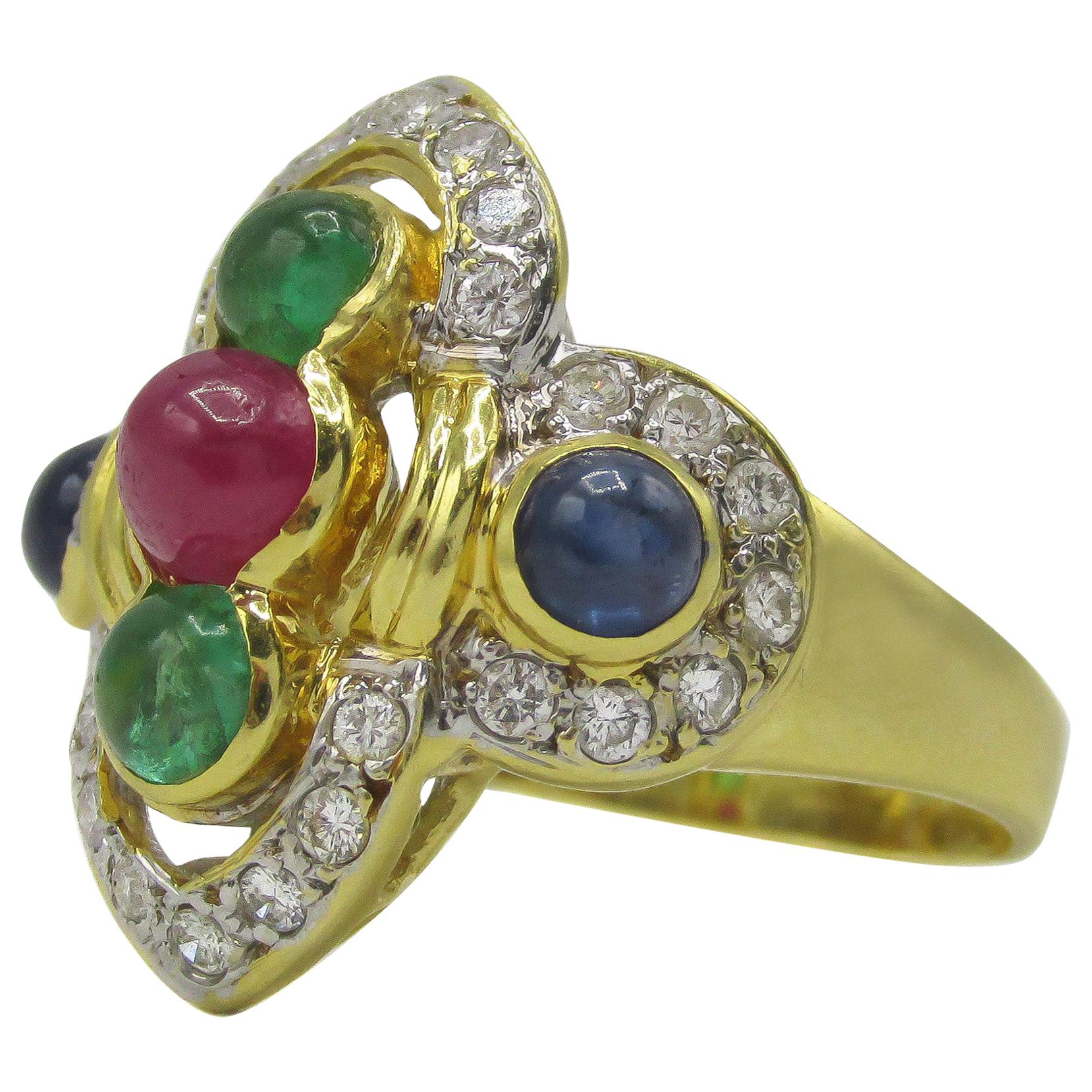 1980s Gold Diamond Ruby Sapphire and Emerald Ring