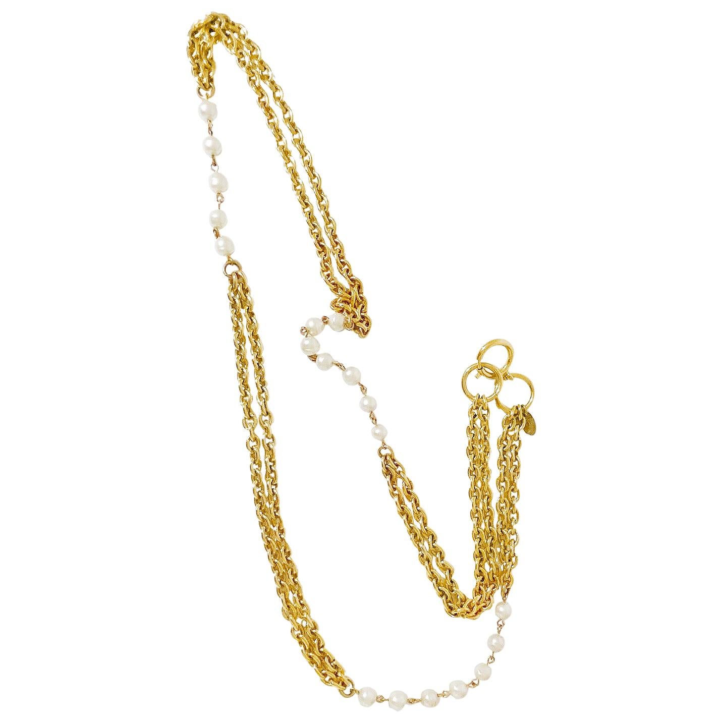 1980s Chanel Gold Double Chain Link Necklace with Faux Pearls