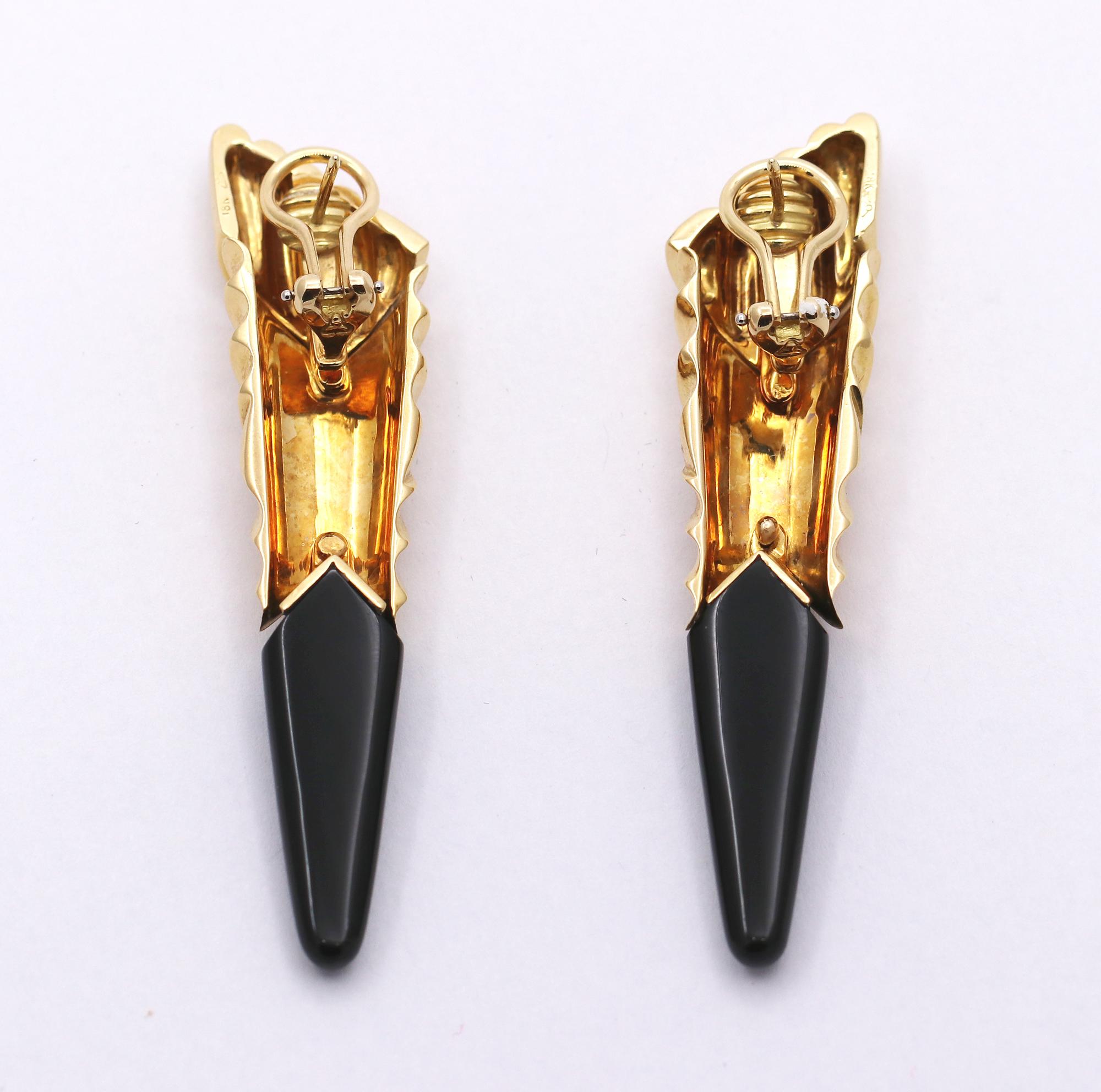 Women's Michael Bondanza 1980s Gold Earrings with Onyx Drop 2 3/4 Inches Long