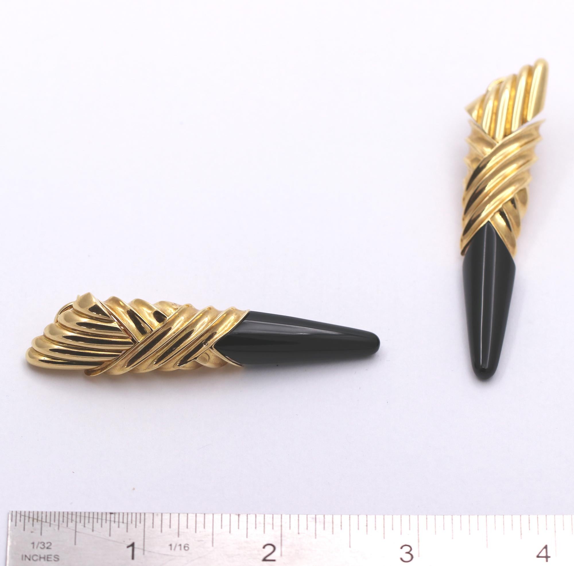 Michael Bondanza 1980s Gold Earrings with Onyx Drop 2 3/4 Inches Long 1