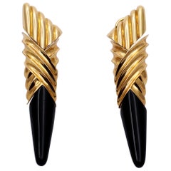 Michael Bondanza 1980s Gold Earrings with Onyx Drop 2 3/4 Inches Long