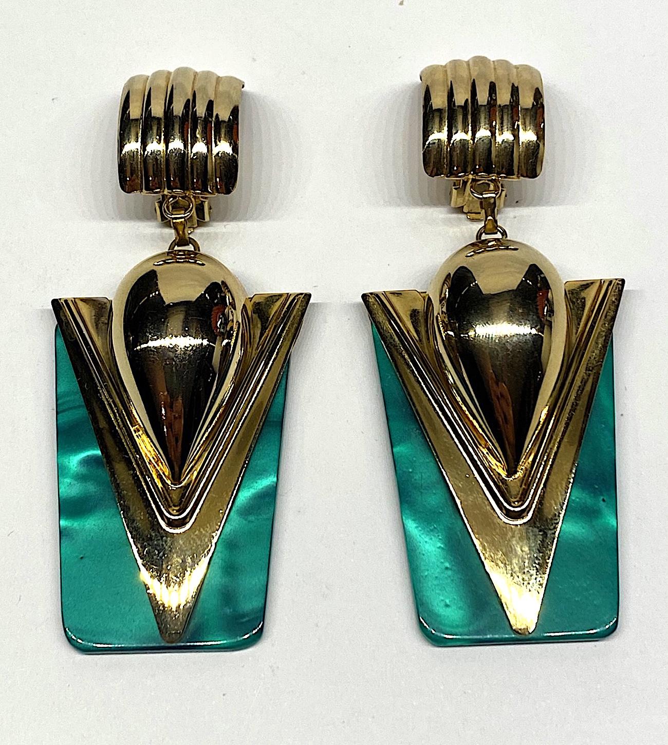 Women's 1980s Gold & Green Retro Art Deco Style Pendent Earrings