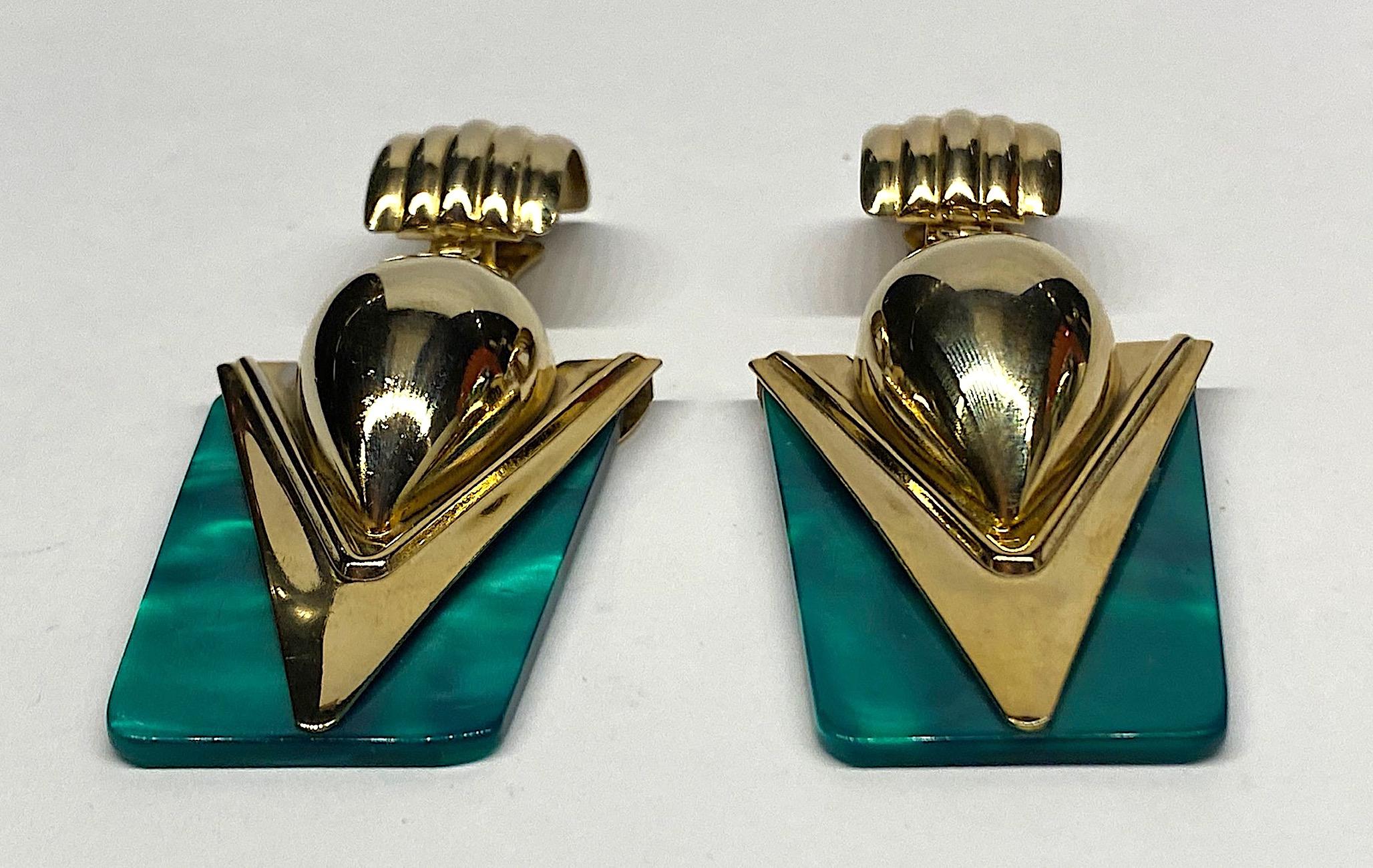 1980s Gold & Green Retro Art Deco Style Pendent Earrings 1