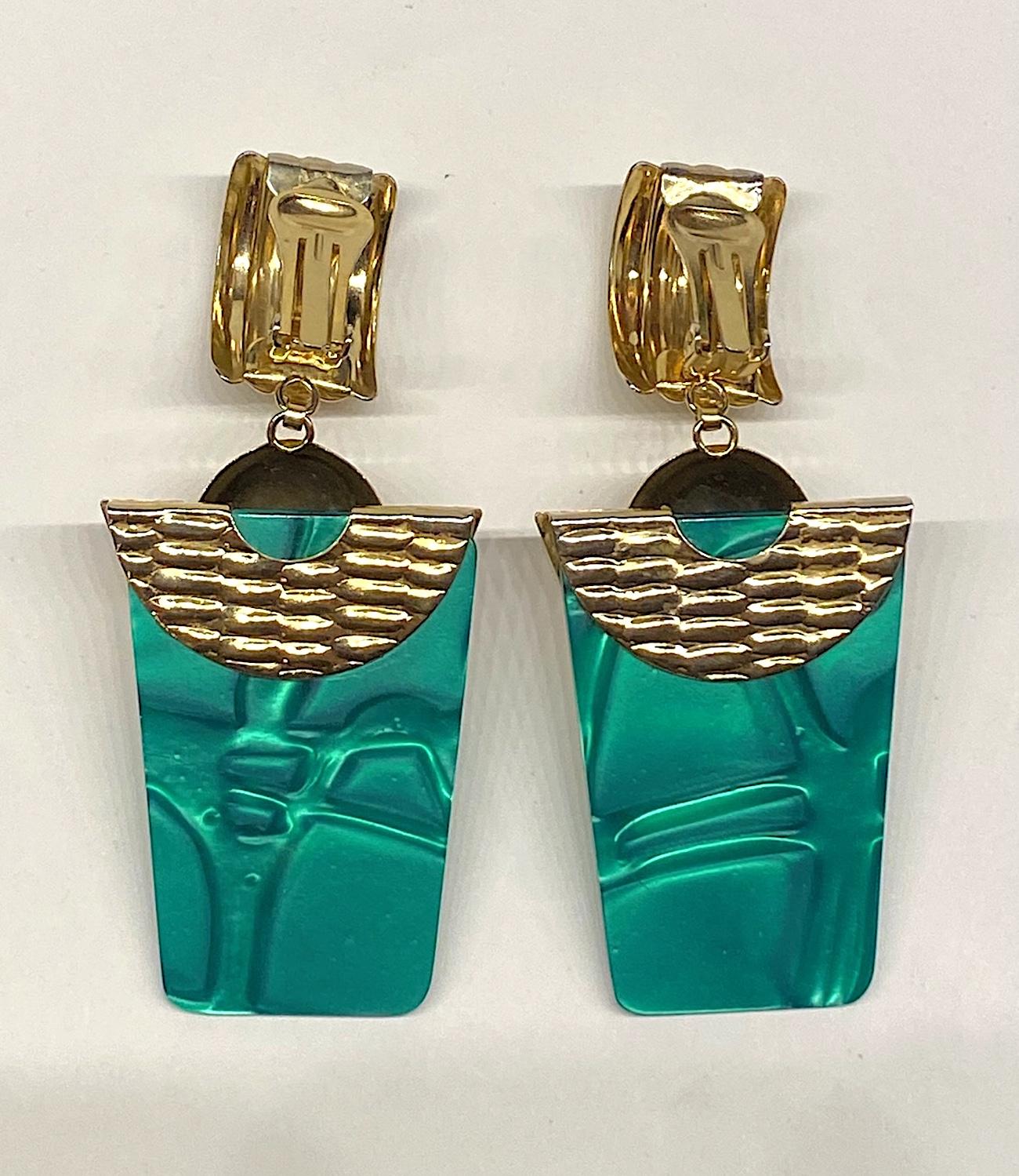 1980s Gold & Green Retro Art Deco Style Pendent Earrings 3