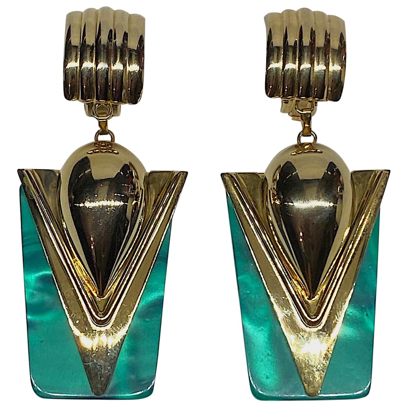 1980s Gold & Green Retro Art Deco Style Pendent Earrings