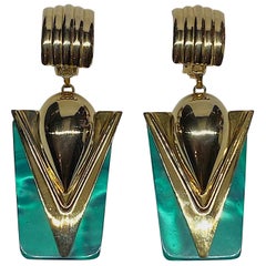 1980s Gold 
Green Vintage Art Deco Style Pendent Earrings