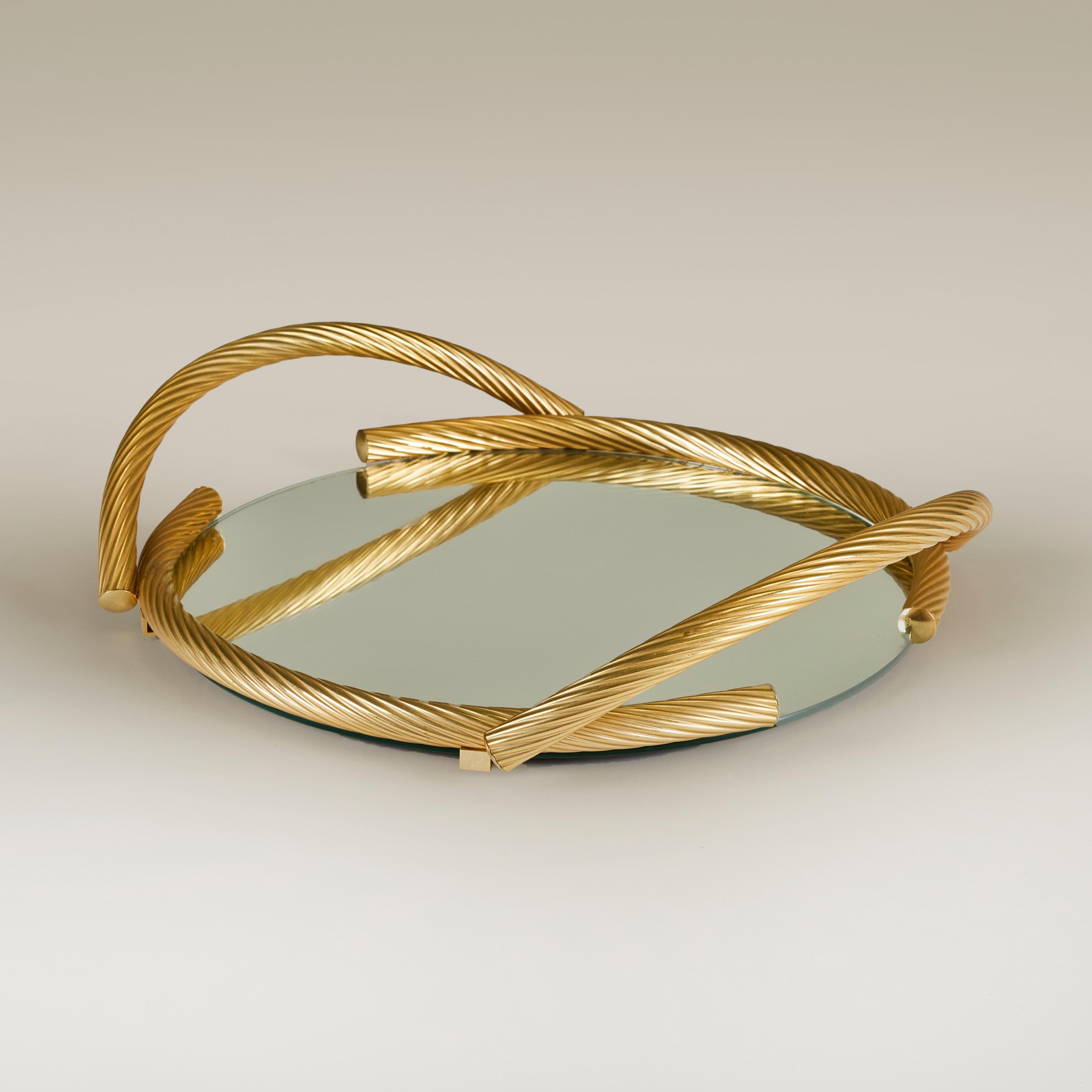 Plaqué or 1980 Gold Italian mirrored circular rope tray by Dimart en vente