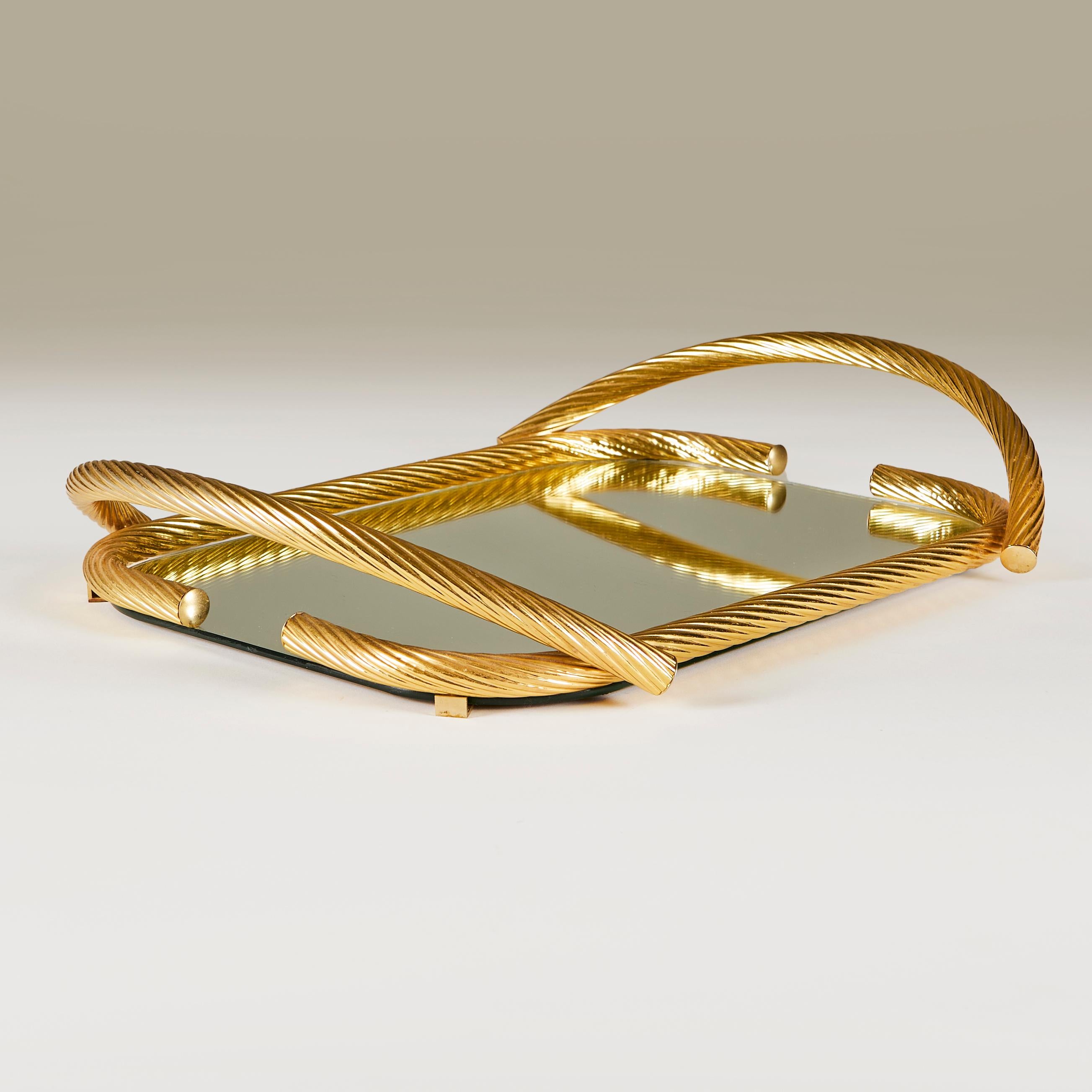 Glamorous large Italian rectangular gold rope tray with mirrored base, by Dimart, Italy 1980s.

