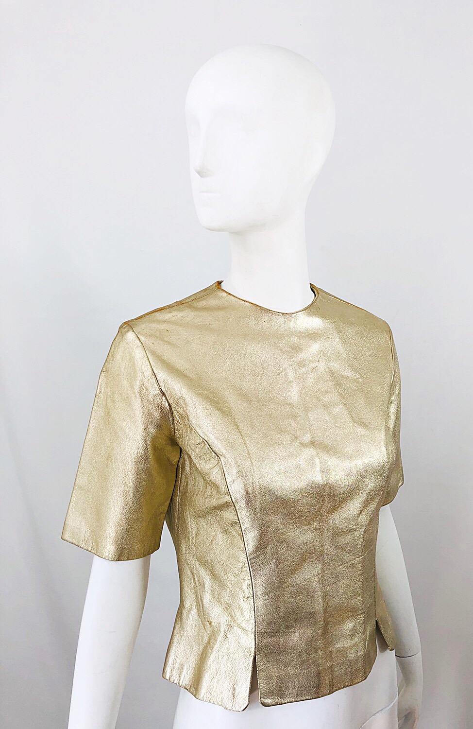 Women's 1980s Gold Leather Distressed Fabulous Vintage 80s Shirt / Top / Blouse