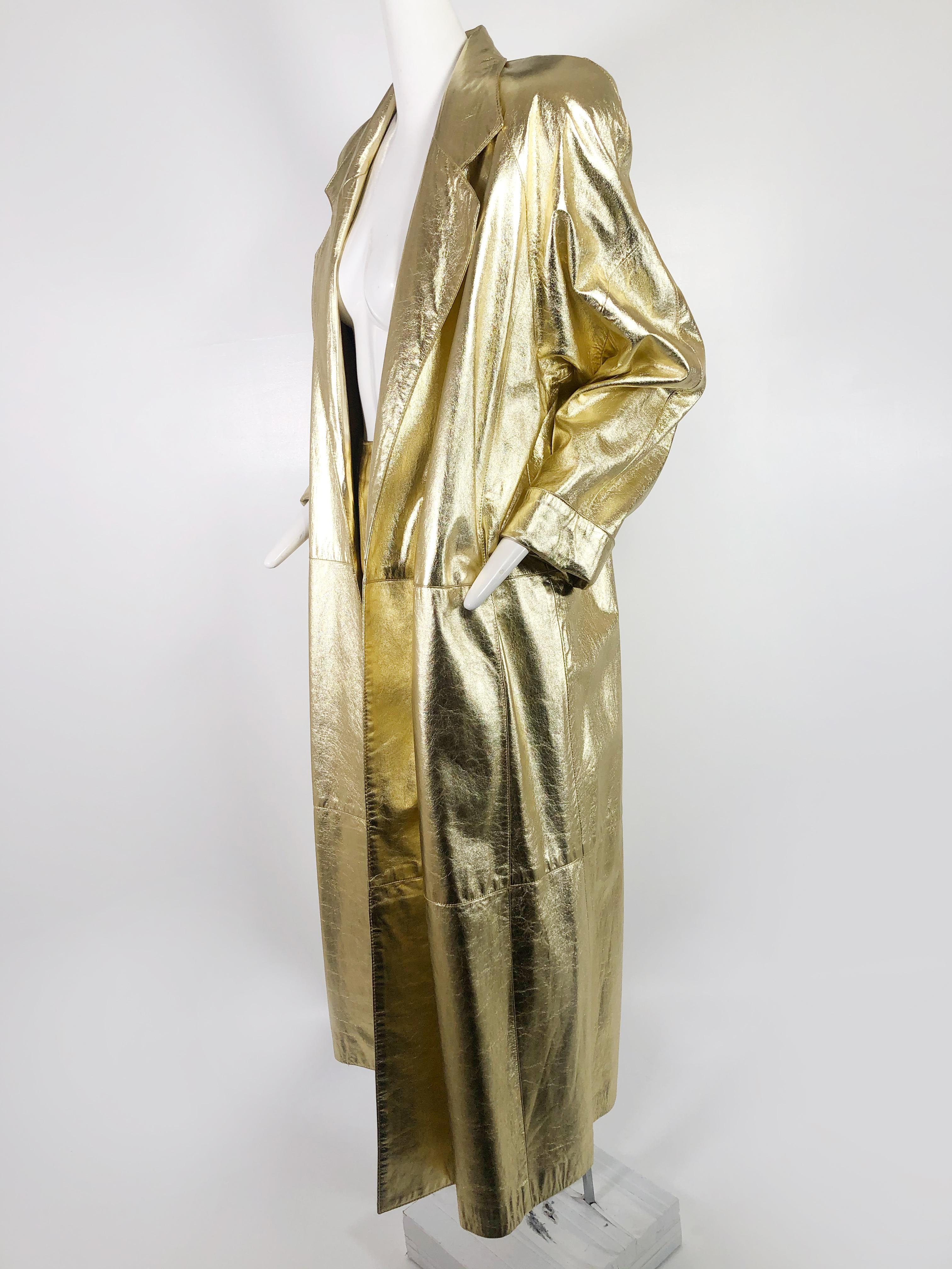1980s Gold Leather Trench Coat & Matching Maud Frizon Quilted Gold Shoulder Bag In Excellent Condition In Gresham, OR