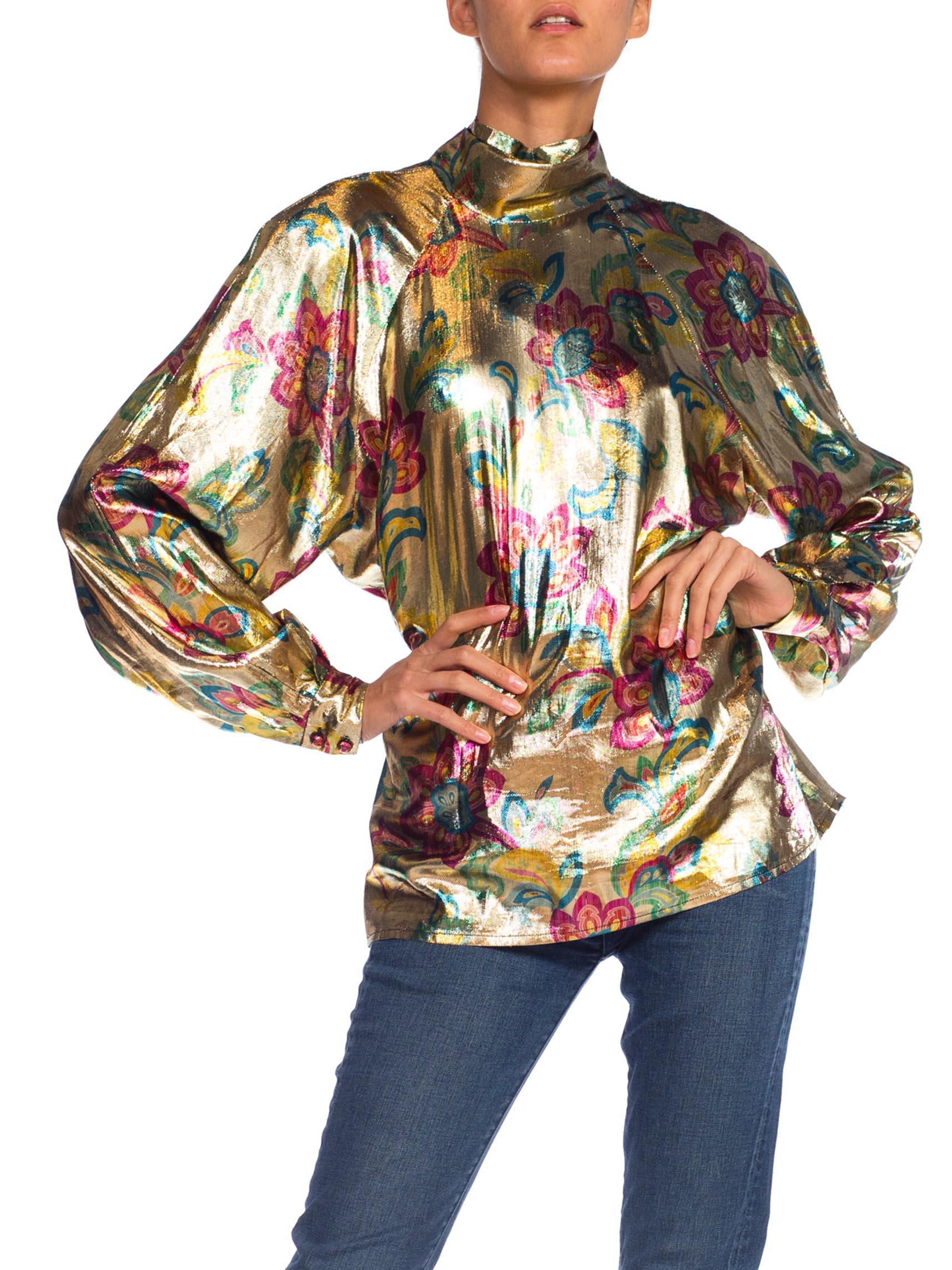 Women's 1980's Gold Lurex Blouse w/ Gold Floral Print