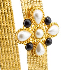 1980's Gold Mesh Belt with Black Poured Glass Jewels  and Pearl Details